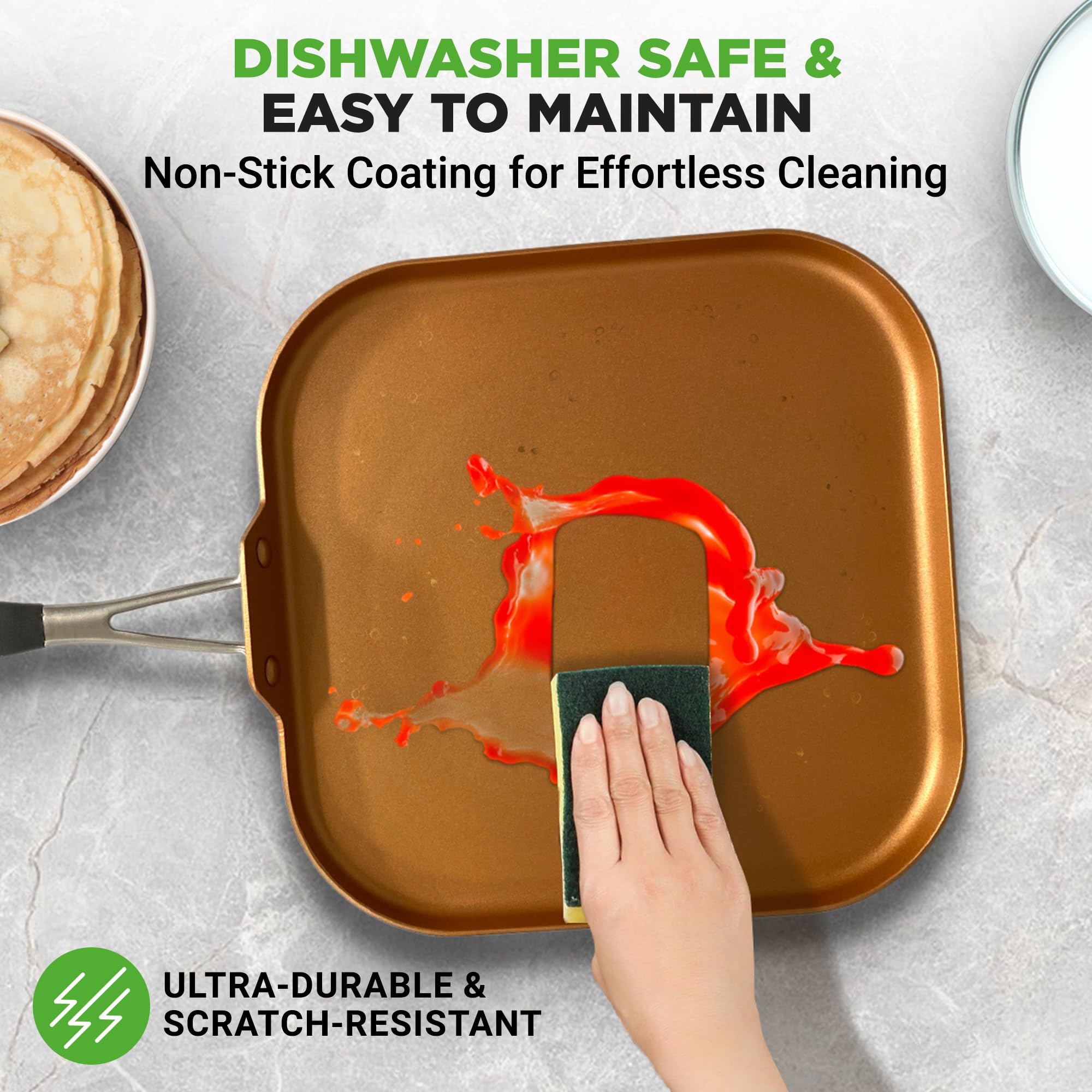 NutriChef Non-Stick Copper Frying Pan with Hard-Anodized Exterior & Heat-Resistant Silicone Handle - 1 Griddle for Perfect Pancakes, Eggs & Steaks - Ideal for Home Cooking, Camping & Outdoor BBQ