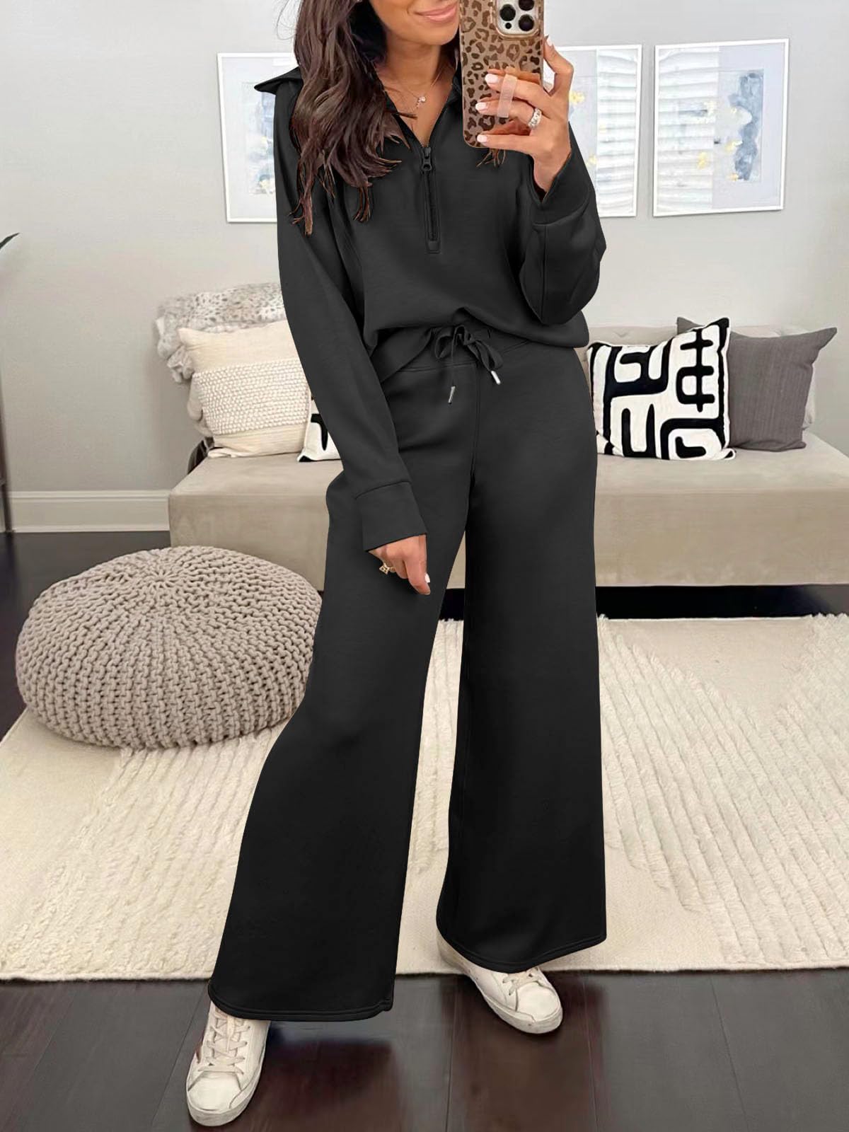 Caracilia Women's 2-Piece Oversized Sweatsuit Set - Half Zip Hoodie & Wide Leg Sweatpants | Fall Lounge Wear, Casual Outfit, Athleisure Tracksuit for Women | Perfect for Home, Gym, Running Errands & Coffee Dates