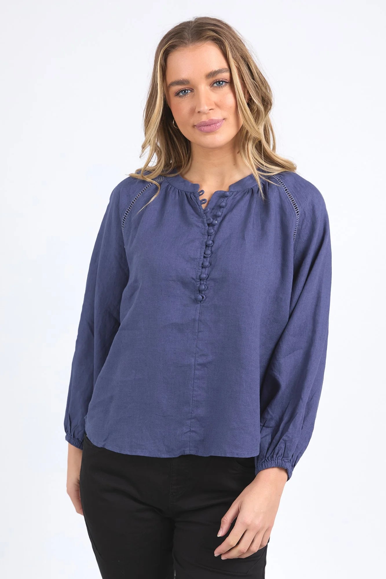 Sardinia Deep Blue Long Sleeve Button Front Blouse for Women - Elegant Office Wear & Casual Outfit