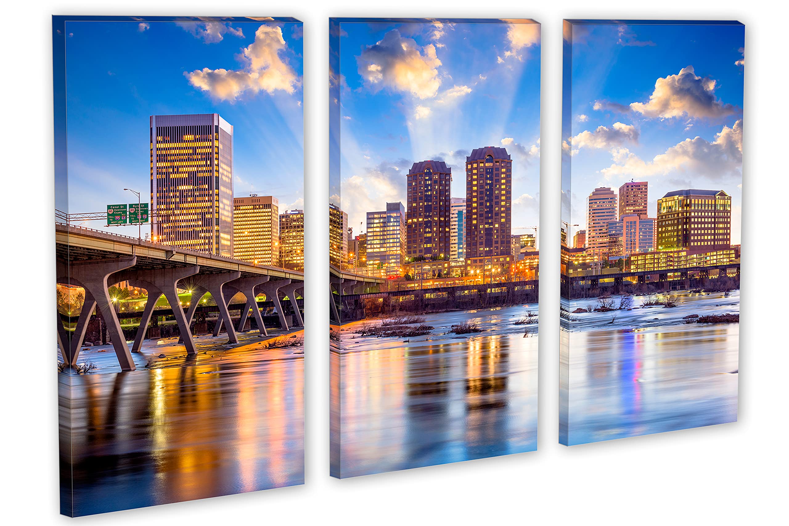 60x40 Richmond Virginia Canvas Print - USA Skyline Triptych Wall Art, 3 Panel Split Home Decor for Living Room, Bedroom & Office