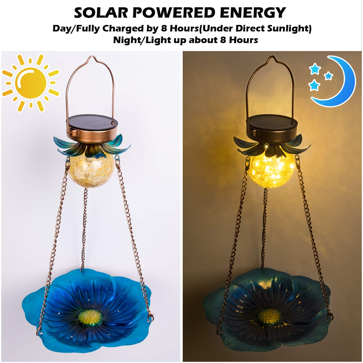 Solar Bird Feeder for Outdoors - Hanging Metal Wild Bird Feeder with Crackle Glass Ball Lights, Waterproof Garden Decor - Perfect Gift for Bird Lovers (Ideal for Backyard, Patio, and Garden Decoration)