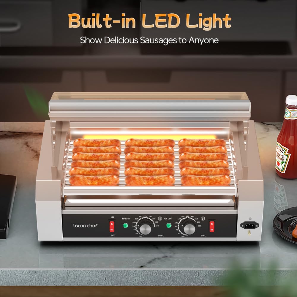 Leconchef Commercial Grade Stainless Steel Electric Hot Dog Roller Machine - 24 Hot Dog 7 Roller Grill Cooker with Detachable Glass Cover, Dust Cover & LED Lights, 1200W - Perfect for Restaurants, Food Trucks, and Convenience Stores