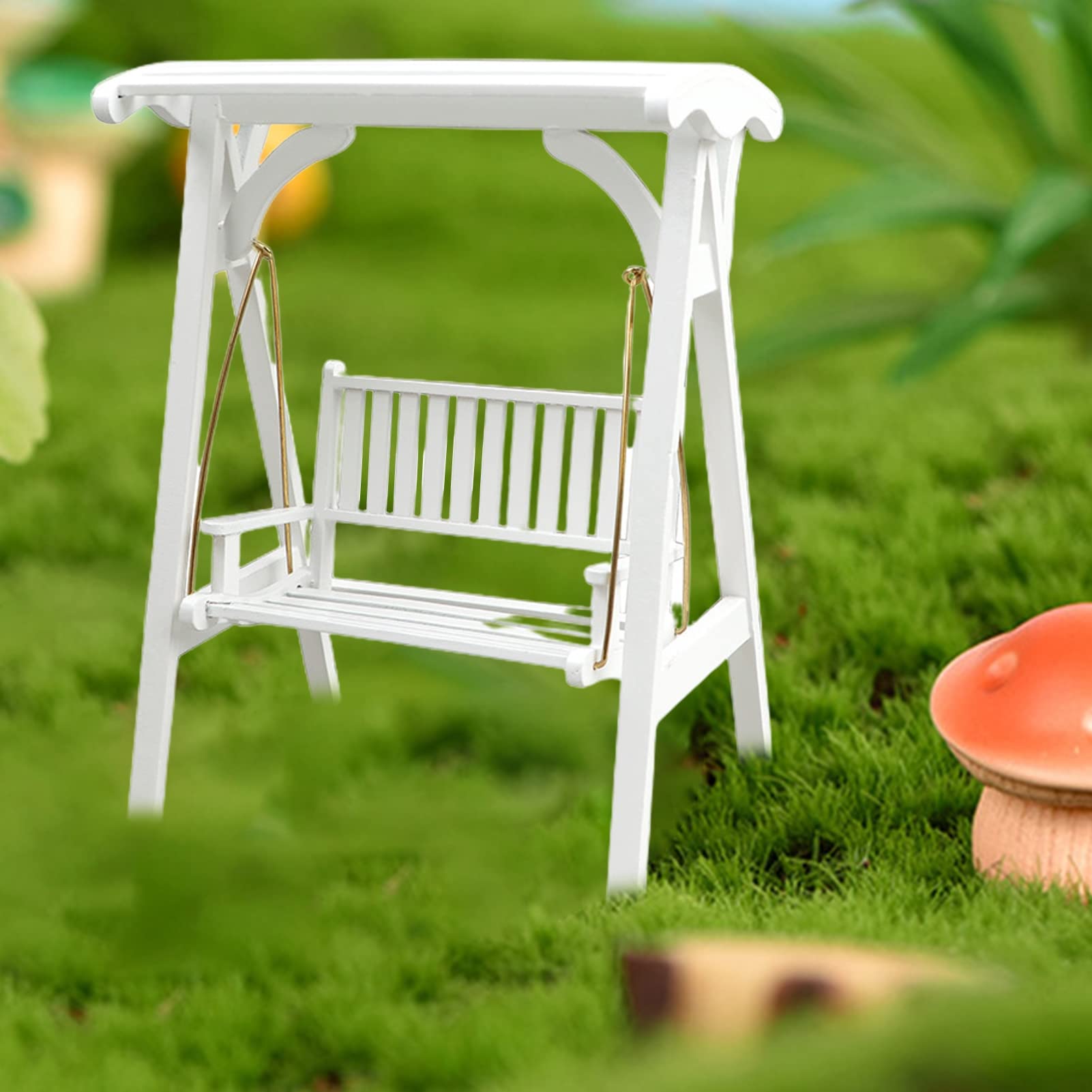 1:12 Scale Miniature Dollhouse Swing Chair - Wooden Dollhouse Furniture, Hammock & Park Decor for 1/12 Doll House - Perfect for Dollhouse Displays, Miniature Gardens & Fairy Garden Scenes (White)