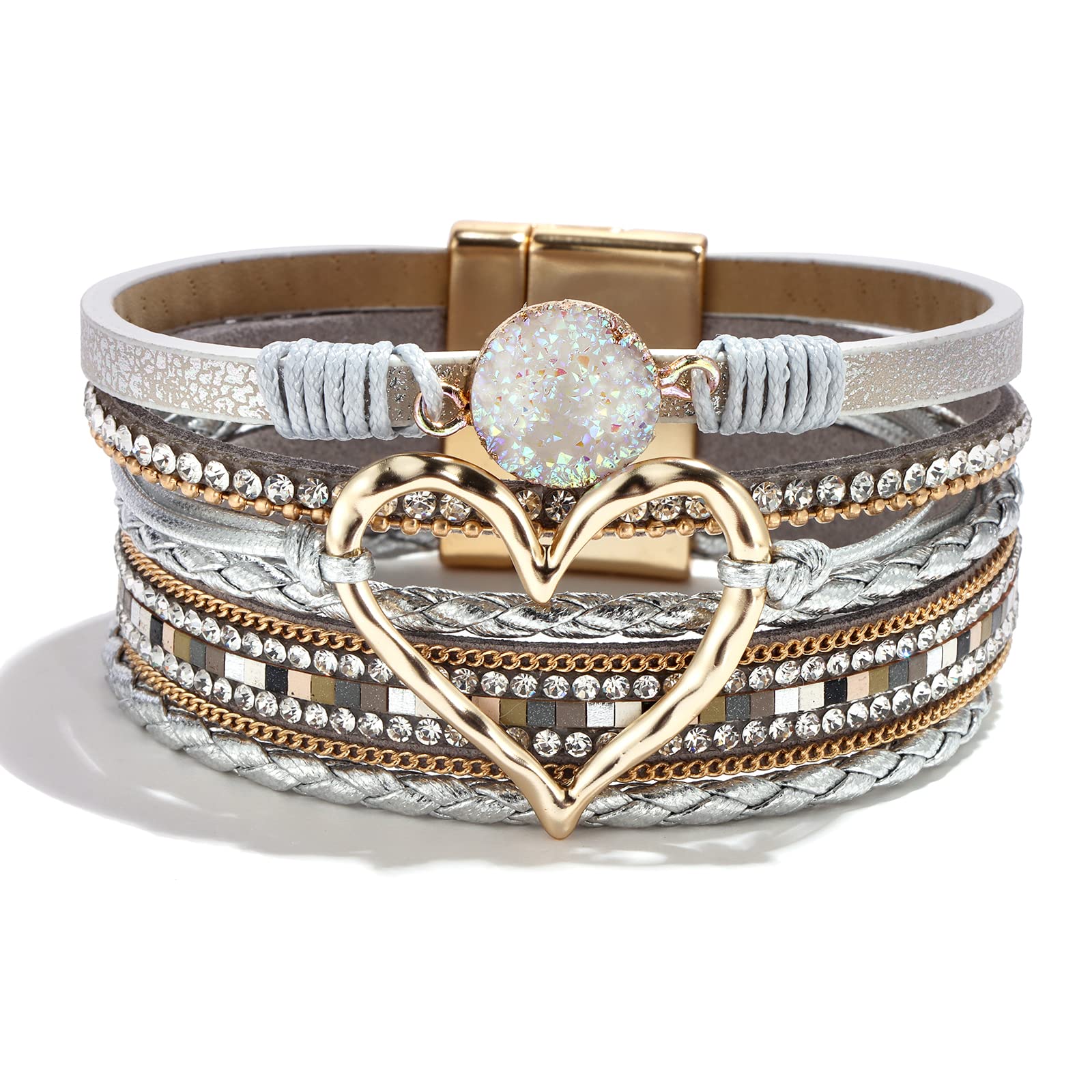 Boho Leather Wrap Bracelets for Women - Stylish Heart Layered Chunky Stack Jewelry, Trendy Valentine's Day Gifts for Her | Perfect for Everyday Wear, Date Nights, Special Occasions | Great for Boho-Chic Style, Jewelry Stacking | Ideal for Work, Parties, Travel & Fashion Statements | Gift for Girlfriend, Wife, Mom, Best Friend | Perfect for Casual Outfits, Romantic Dates, Boho Fashion, Jewelry Layering