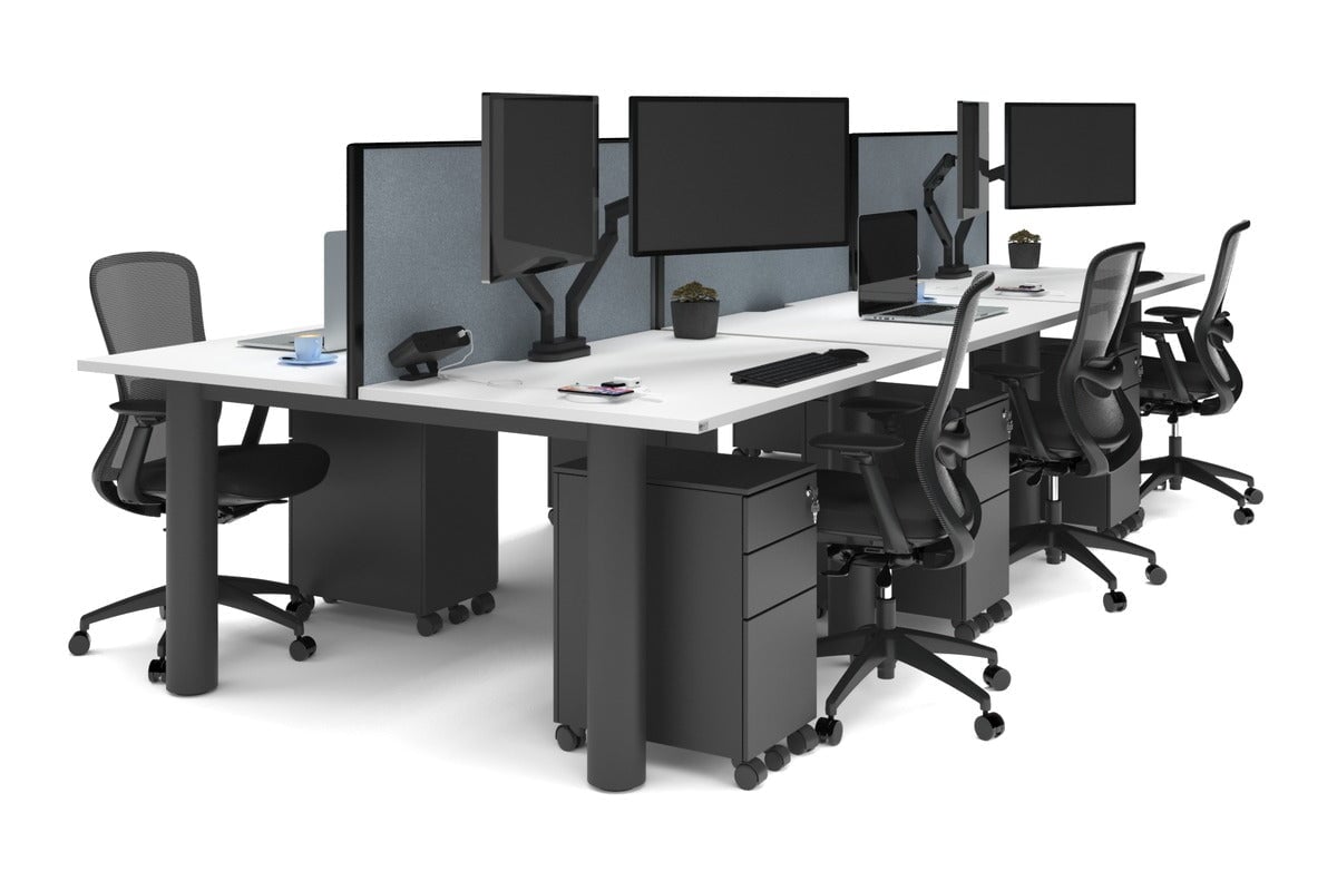 Quadro Cylinder Leg 6-Person Office Workstation Desk - 1400L x 800W with Cable Management Scallop - Modern Open Office Layout, Team Collaboration Space, Shared Workspace Solution