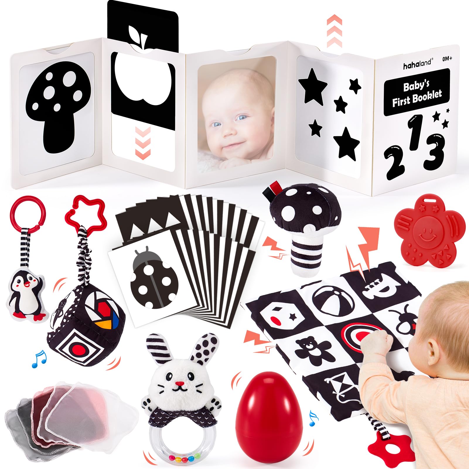 Hahaland 30-in-1 Black and White High Contrast Baby Toys for Newborns 0-6 Months - Tummy Time Mirror & Sensory Toy Set for Infant Development - Perfect for Visual Stimulation, Early Learning, and Playtime (0M+)