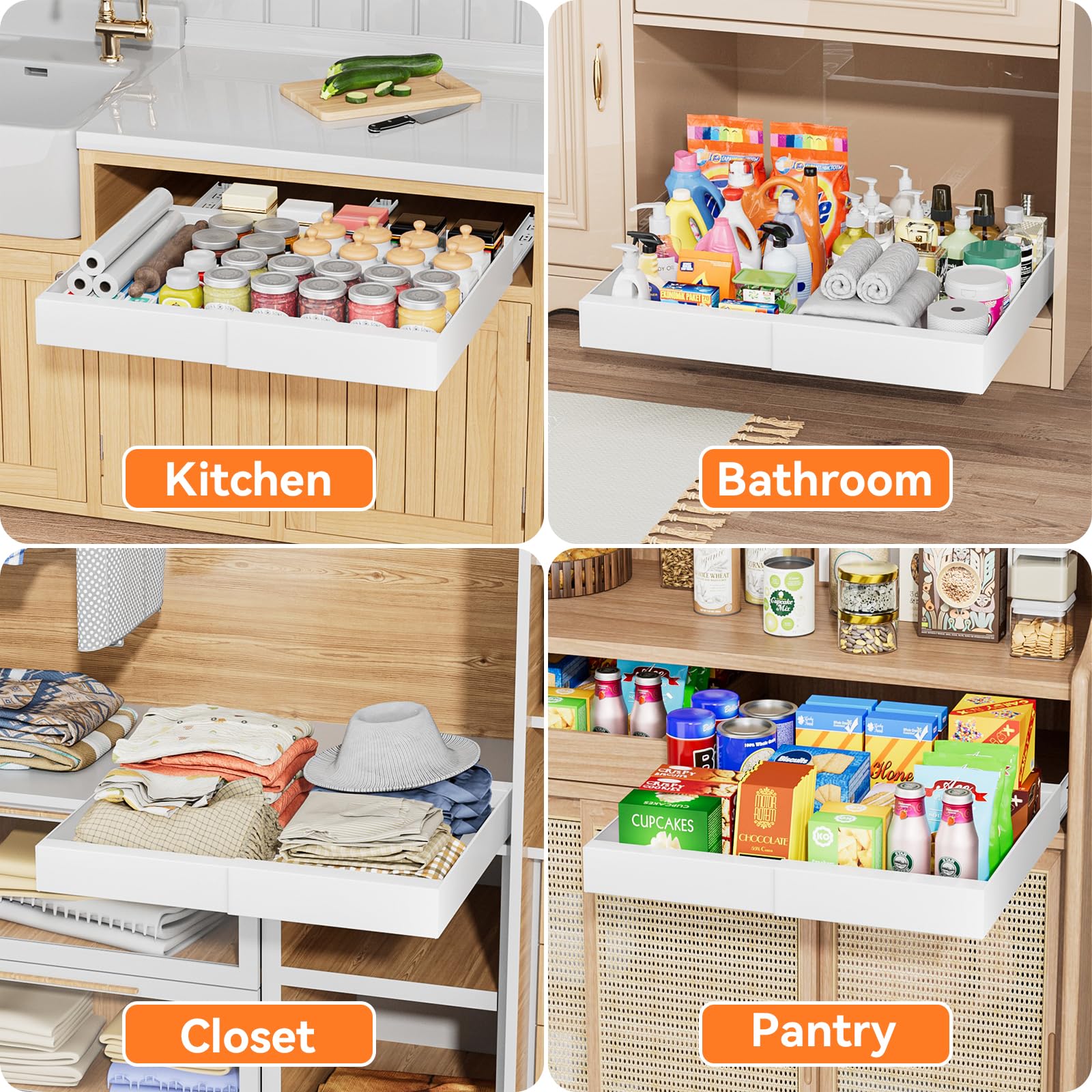 Expandable Pull Out Cabinet Organizer - Slide Out Kitchen Drawer with 4 Adjustable Dividers for Pantry, Bathroom & Under Sink Storage (12.2