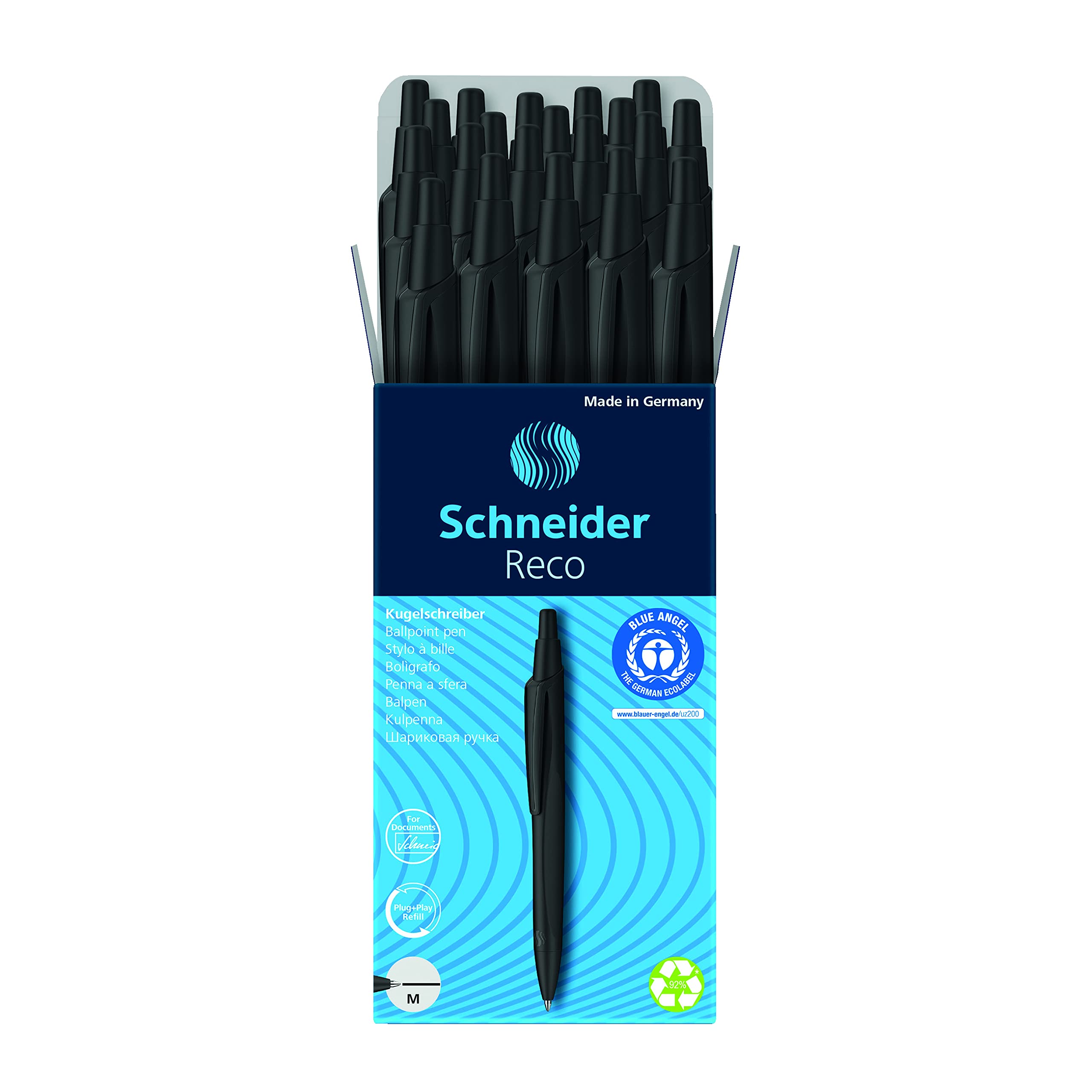 Schneider Reco Ballpoint Pen - Medium Point Refillable Retractable Black Ink Pens (Box of 20) for Office, School & Business Writing Needs