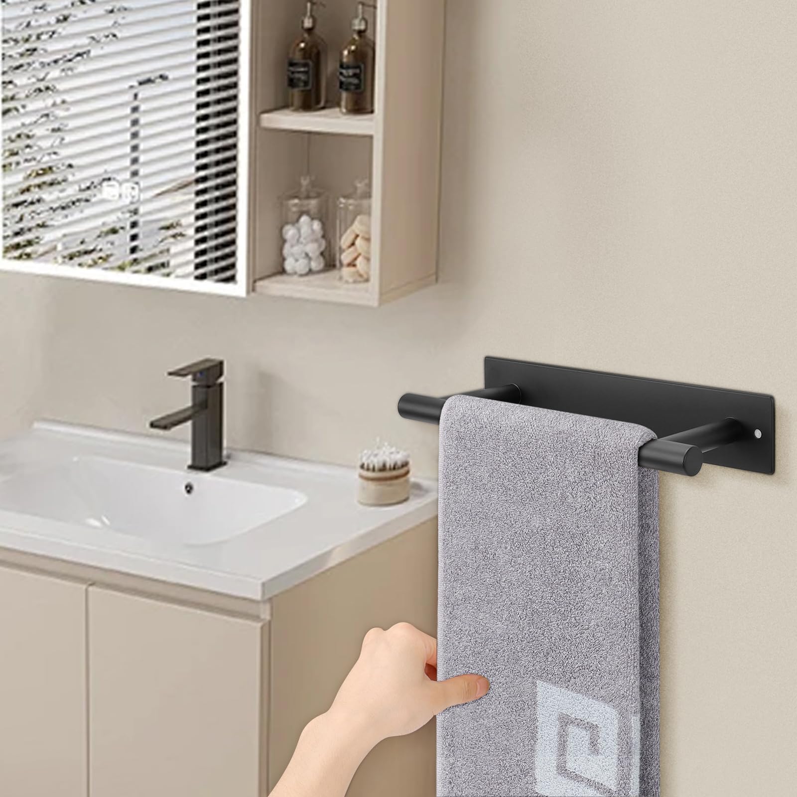 NearMoon Self Adhesive Stainless Steel Towel Holder - Rustproof Wall Mounted Hand Towel Ring for Bathroom & Kitchen - Matte Black (1-Pack) - Perfect for Small Spaces, Apartments, RVs & Dorm Rooms
