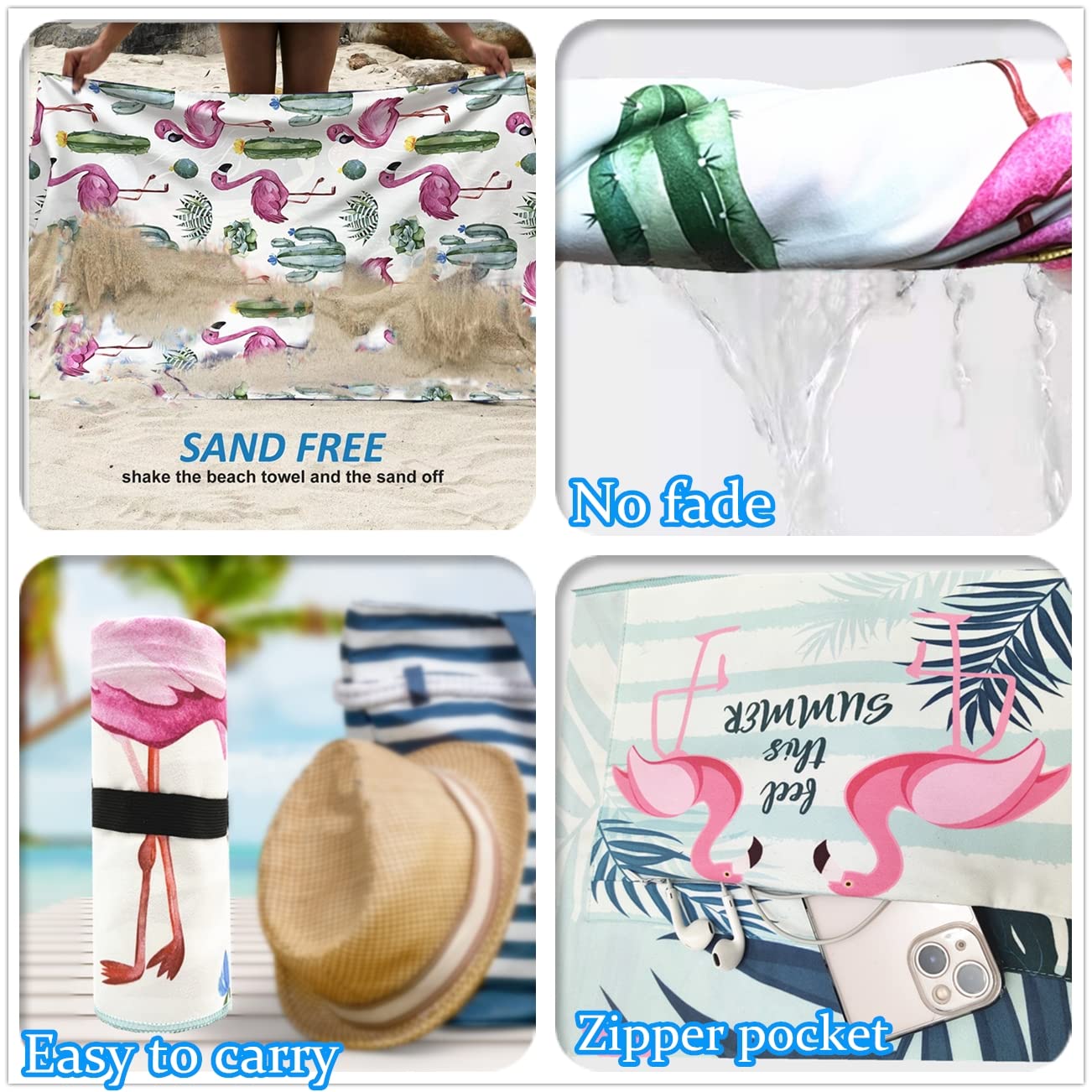 Premium Oversized Microfiber Beach Towel - Super Absorbent, Quick Dry & Sand Free - Cute Flamingo Design for Kids, Men & Women - Includes Zipper Pocket Travel Bag - Perfect for Swimming, Sunbathing & Travel