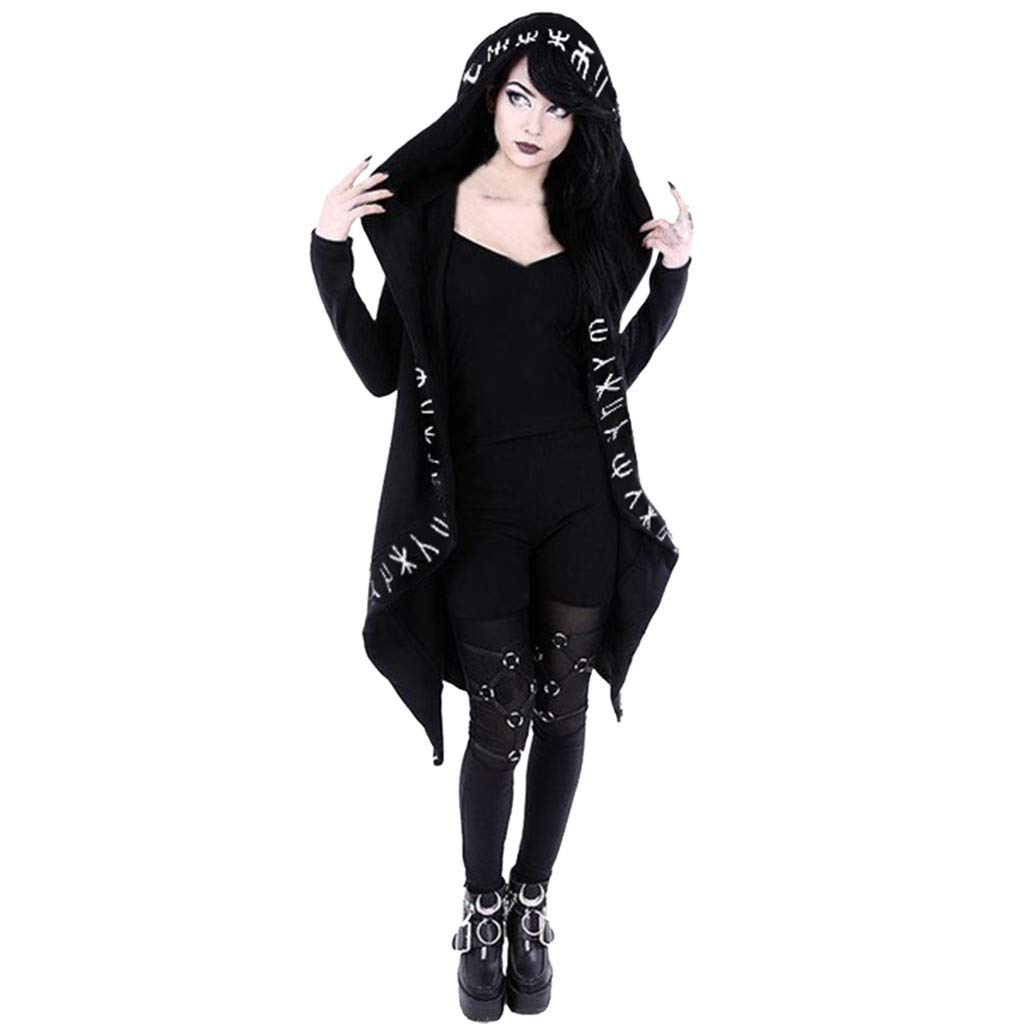 Women's Punk Print Hooded Sweatshirt - Gothic Letter Print Long Sleeve Jacket for Women | Retro Solid Coat for Casual Wear, Street Style & Halloween Costume