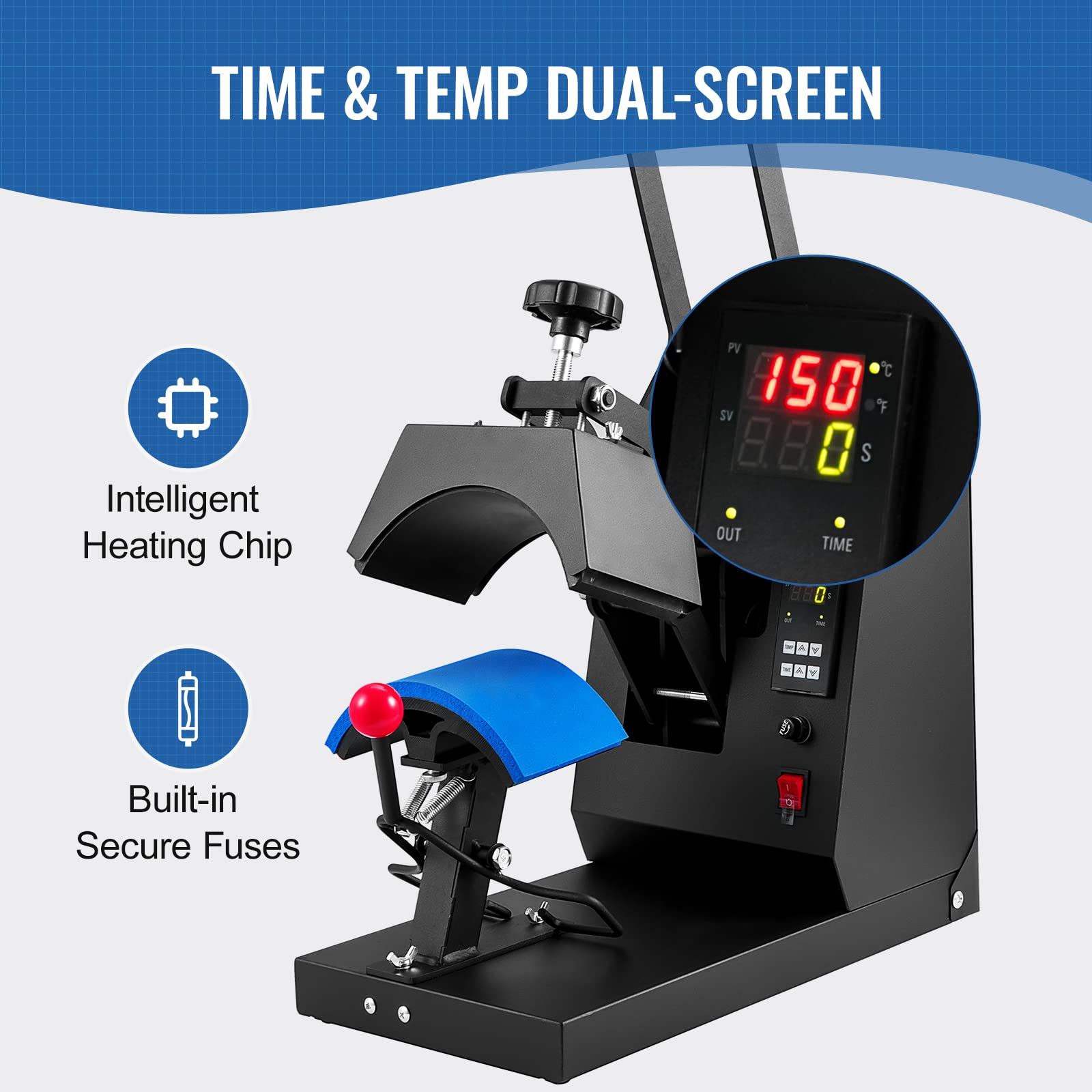 VEVOR 4-in-1 Hat Heat Press Machine with LCD Digital Control - 6x3inches Heating Platen for Sublimation Transfer on Hats & Caps - Includes 4 Replaceable Heating Pads (6x3/6.7x2.7/6.7x3.8/8.1x3.5) - Perfect for Custom Hat Printing, DIY Crafts & Small Business Apparel Decoration