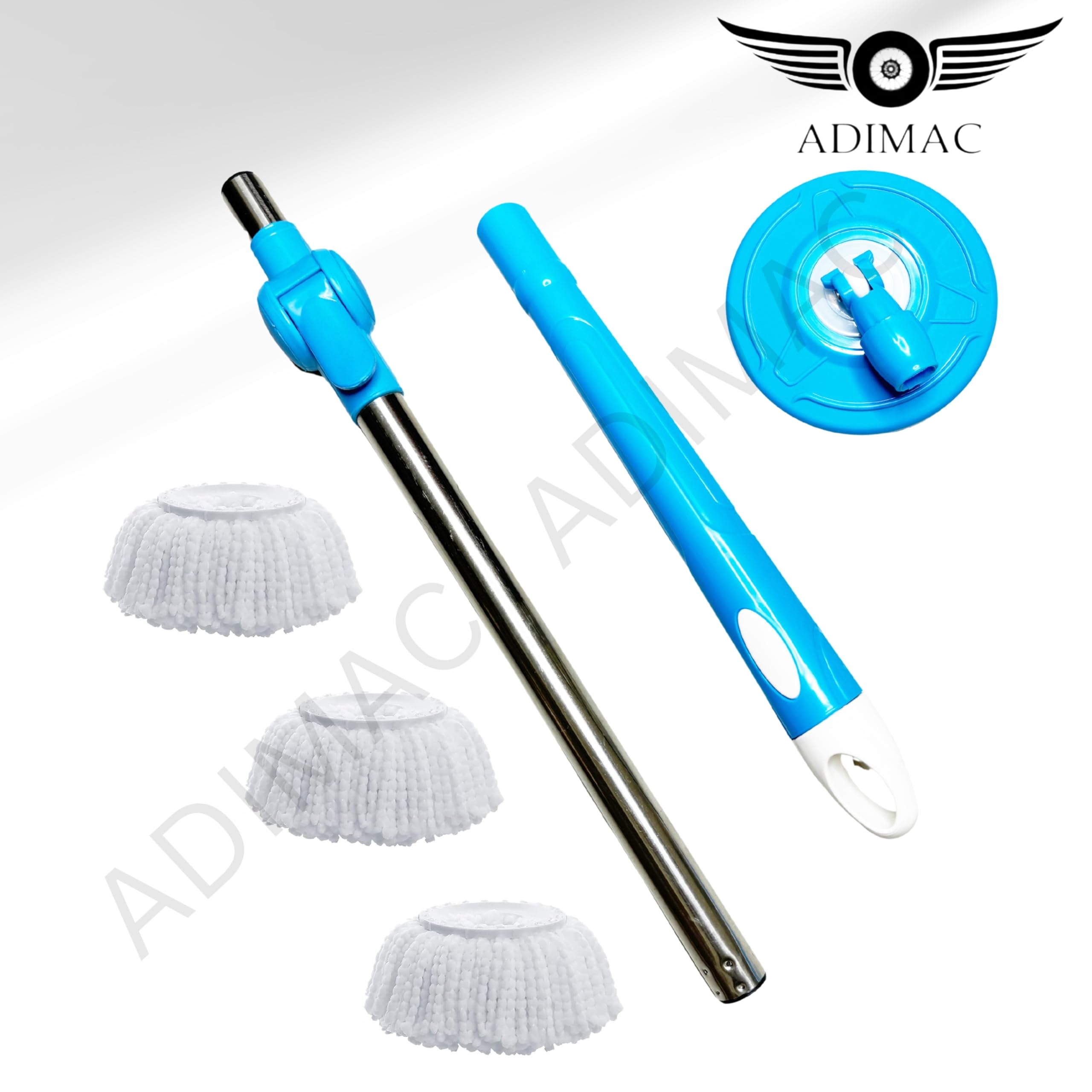 ADIMAC Heavy Duty 360 Degree Rotating Mop Stick - Stainless Steel & Plastic Mop Rod with 3 Refill Pads for Floor Cleaning | Perfect for Home, Office, Kitchen, Bathroom & Hard Surface Floors