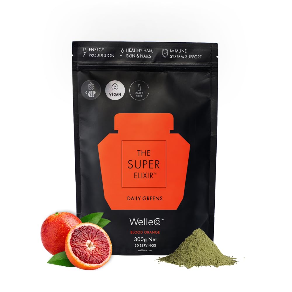 WelleCo The Super Elixir Daily Greens Powder - Vegan Probiotic Drink Mix with Whole Foods for Gut Health, Energy Boost & Immunity Support | Gluten Free Superfood Supplement for Healthy Skin, Hair & Nails (300g, Blood Orange Flavor) | Perfect for Smoothies, Wellness Shots & Daily Detox Routines