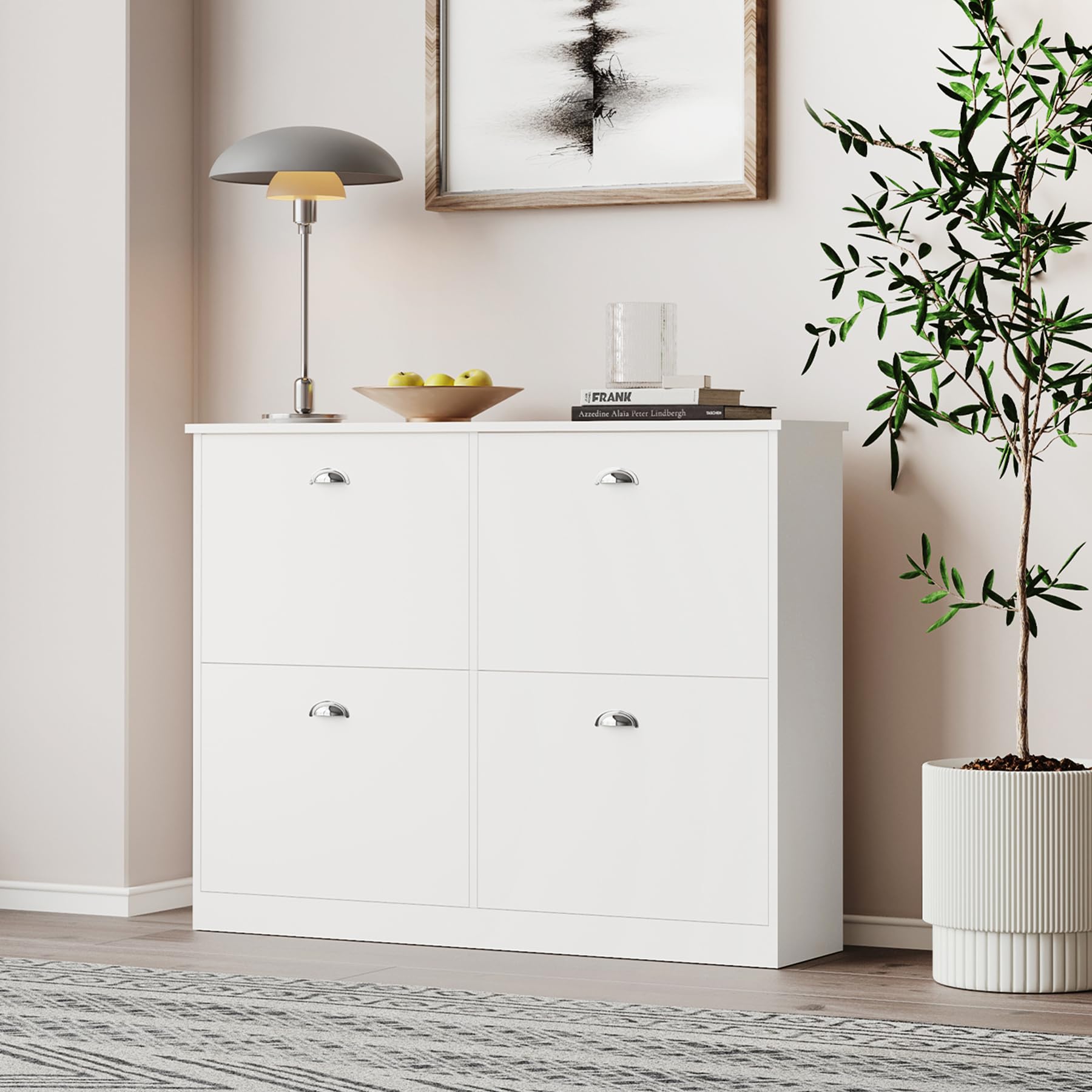 Slim White Shoe Cabinet with 4 Hidden Drawers - Space Saving Narrow Shoe Rack for Entryway, Foyer, Hallway & Bedroom Storage - Perfect for Small Apartments & Closet Organization