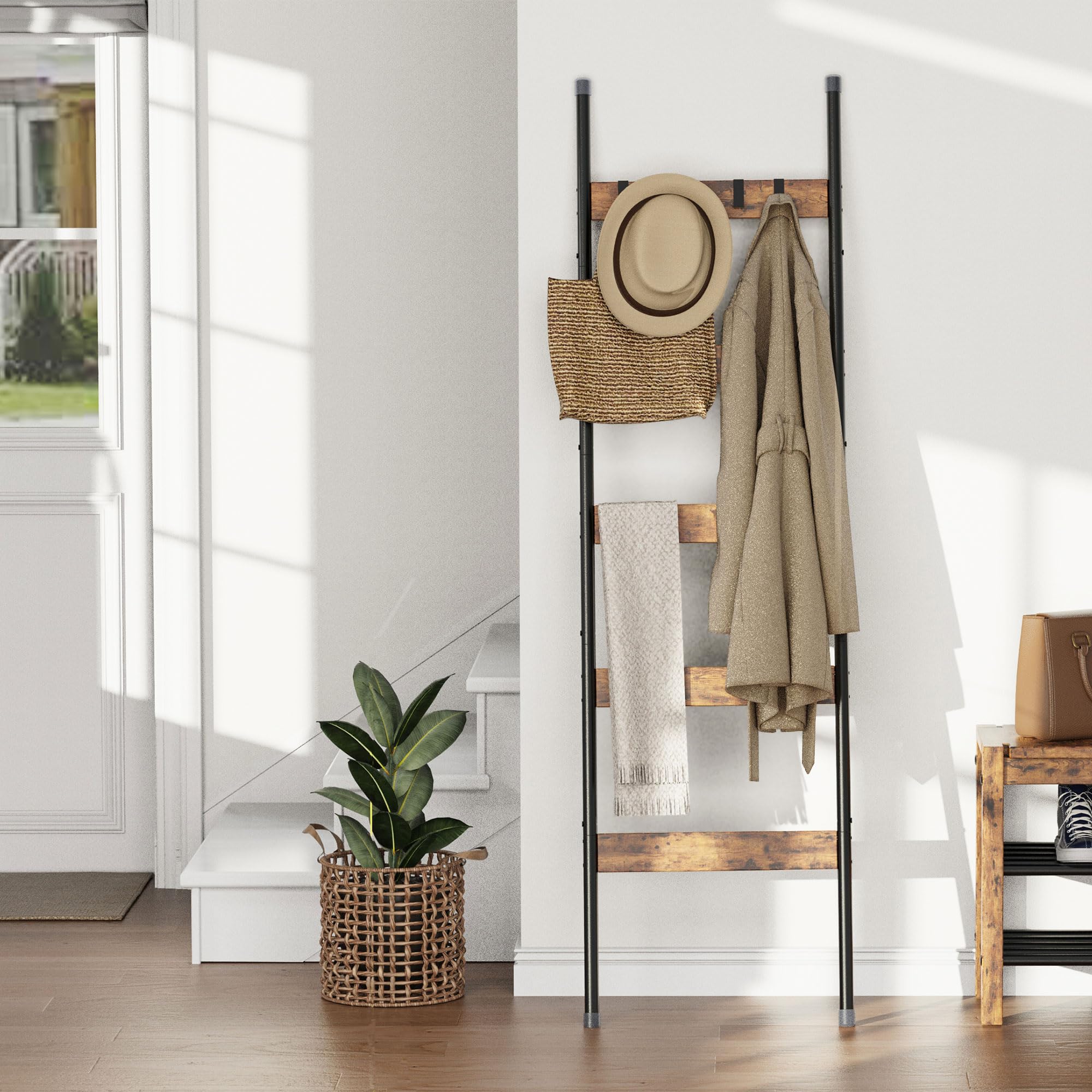 5-Tier Wooden Blanket Ladder with 4 Removable Hooks - Rustic Brown Farmhouse Wall Leaning Towel Rack - Decorative Shelf for Quilts, Blankets & Towels - Perfect for Living Room, Bedroom & Bathroom Organization