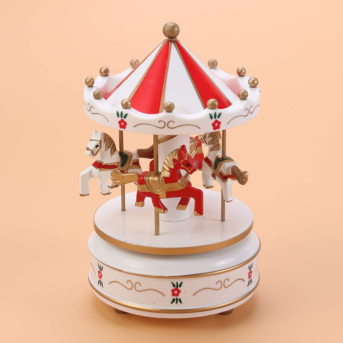 Vosarea Wooden Carousel Music Box - Handcrafted Decorative Desktop Musical Toy with Melodies | Perfect Gift for Christmas, Birthday, Valentine's Day | Home Decor, Nursery Room, Wedding Centerpiece (Red)