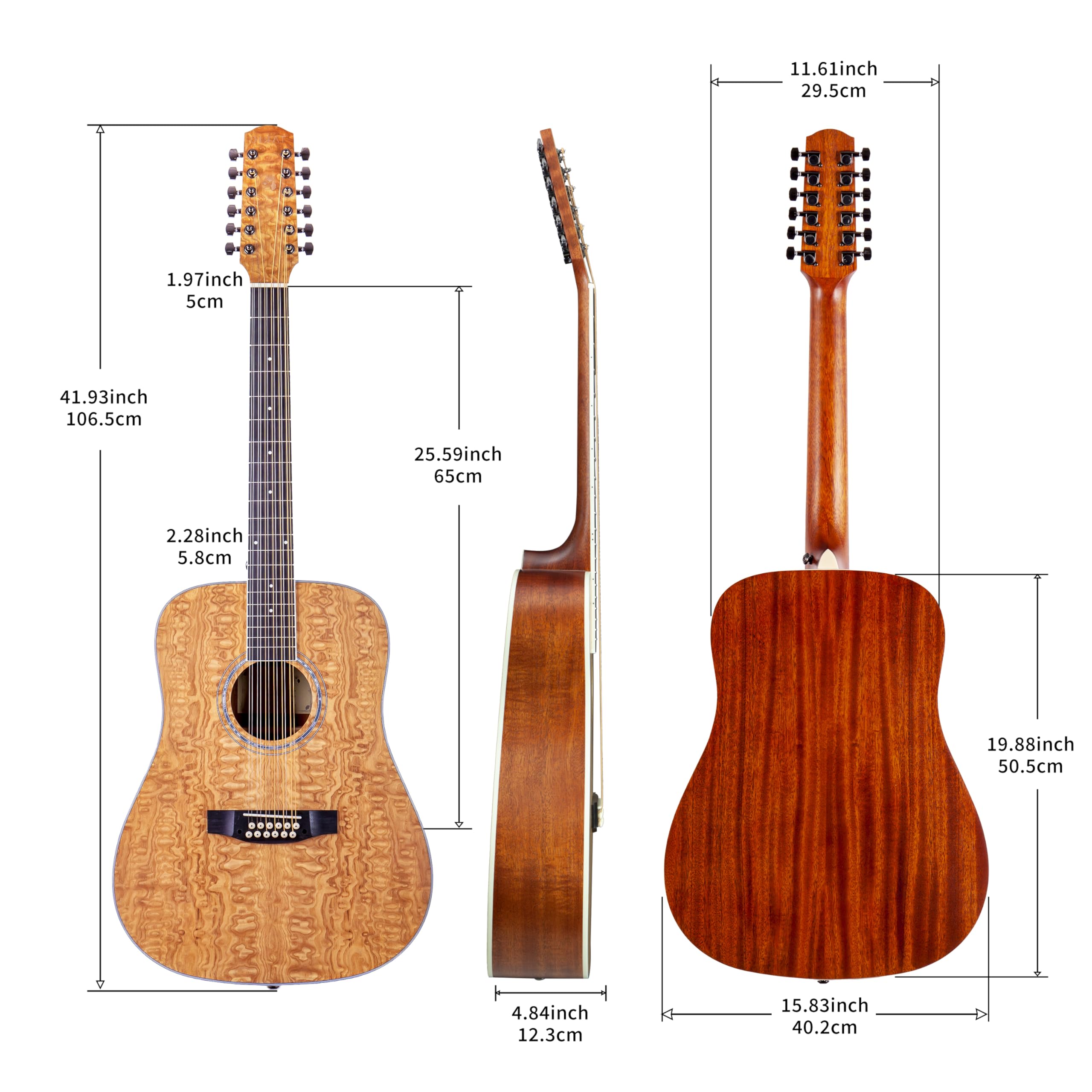 Premium Left-Handed 12-String Acoustic Guitar - Curly Ash Top, Mahogany Back & Sides, Okoume Neck - Perfect for Folk, Blues & Fingerstyle Performances