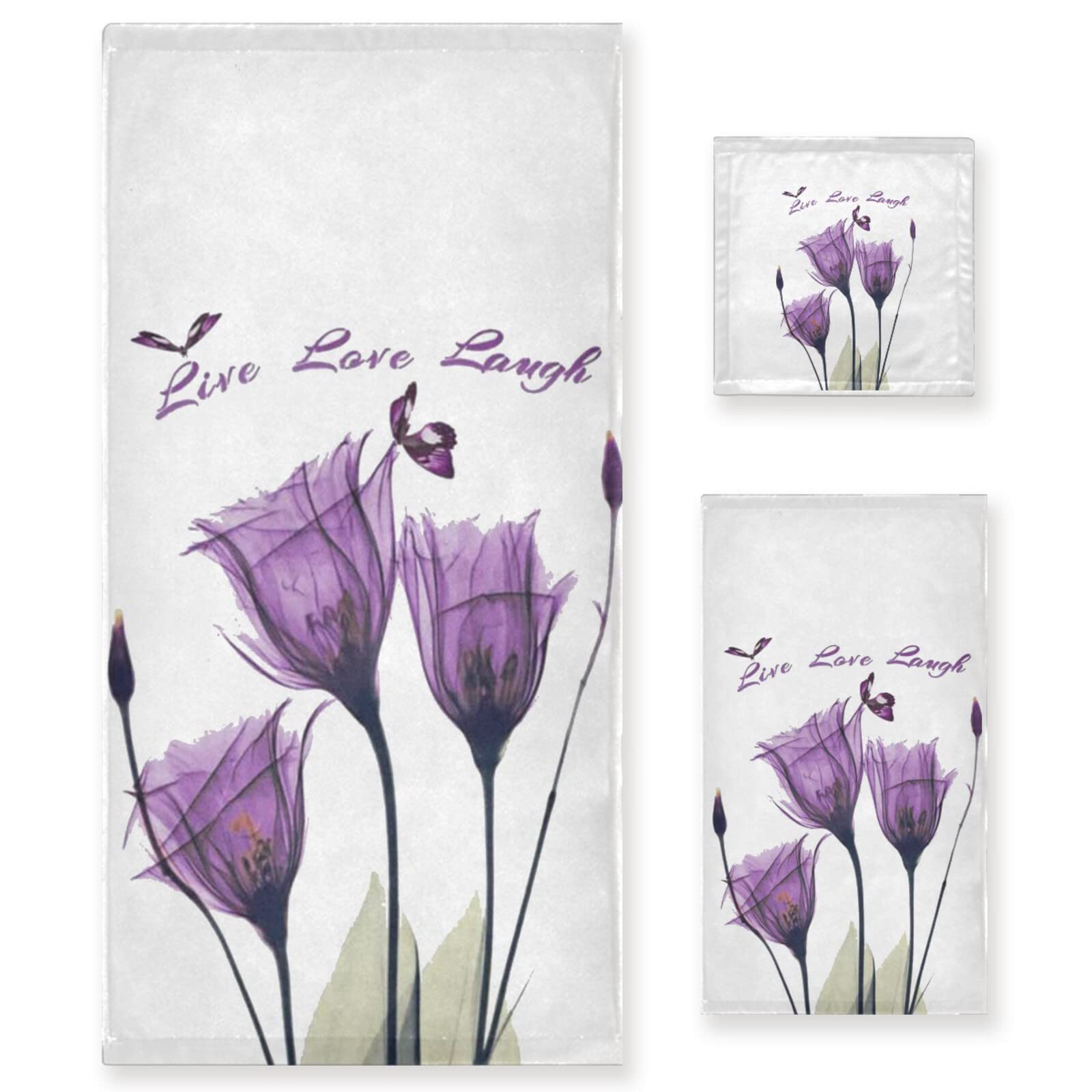 Premium 3-Piece Tulip Purple Flower Butterfly Bath Towel Set - 100% Cotton, Ultra Soft & Absorbent (1 Bath Towel, 1 Hand Towel, 1 Washcloth) | Luxury Bathroom Essentials for Spa, Guest Room & Home Decor