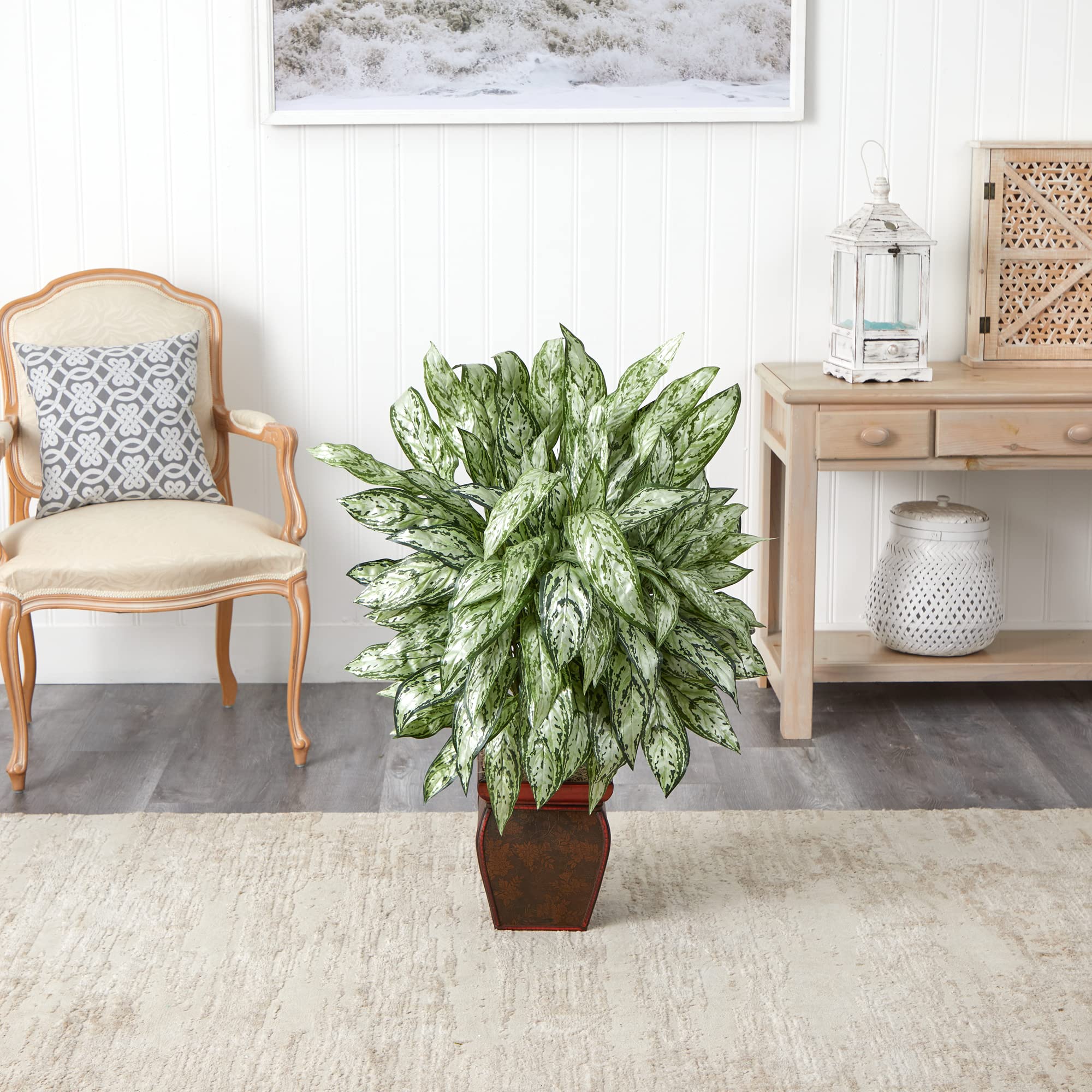 Nearly Natural Silver Queen Artificial Silk Plant in Decorative Planter - Perfect for Home Office Decor, Living Room Centerpiece & Housewarming Gift