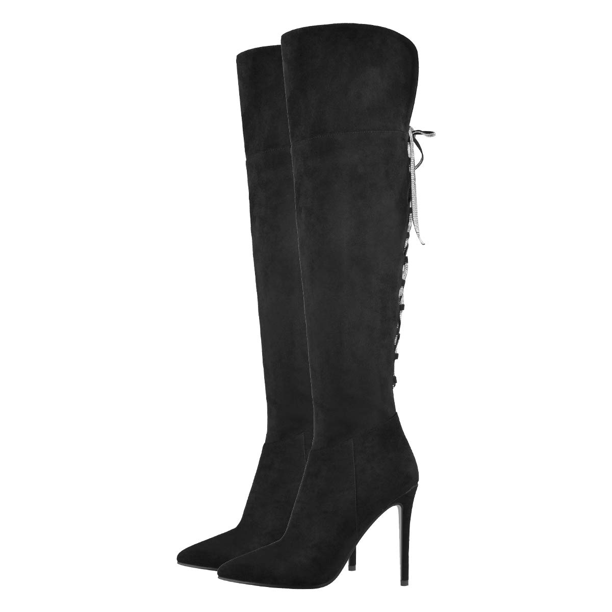 LISHAN Women's Square Peep Toe Stiletto Heel Over The Knee High Boots with Lace Up Back Zipper - Sexy Long Boots for Party, Night Out and Fashion Occasions