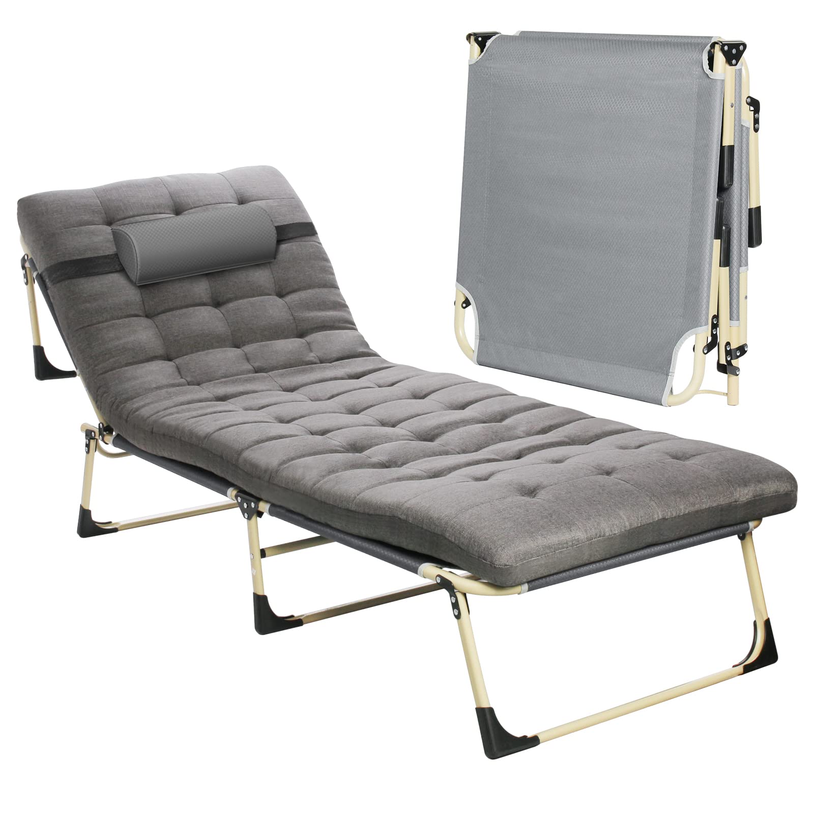 Todeco Grey Folding Bed with Mattress for Adults - Portable Foldable Guest Bed with Headrest & 4-Position Adjustable Recliner - Perfect for Camping, Indoor, Patio, Hospital Use - Great for Guest Rooms, Small Spaces & Outdoor Relaxation