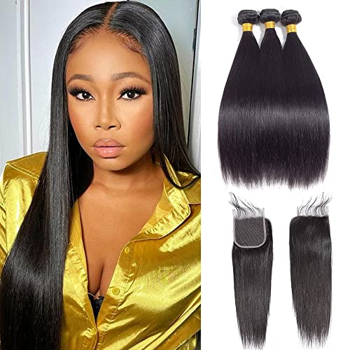 Kapelli 10A Brazilian Virgin Human Hair Bundles with Lace Closure - 3 Straight Weave Bundles (14 16 18+14) Natural Black Color Hair Extensions for Styling & Volume | Perfect for Daily Wear, Parties & Special Occasions