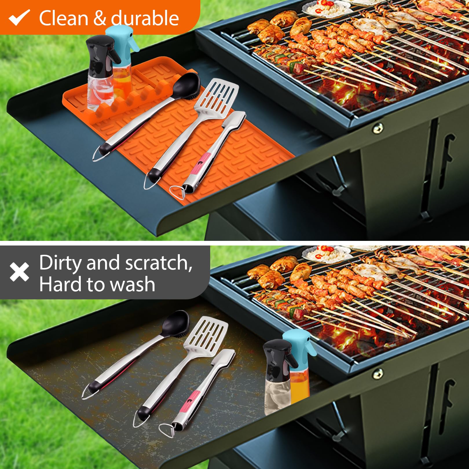 Non-Slip Silicone Griddle Tools Mat for Blackstone Grill - Food Grade Spatula Mat with Drip Pad & Side Shelf Protector - BBQ Utensils Holder for Multiple Grill Tools (Orange) - Perfect for Outdoor Cooking, Camping & Backyard BBQs
