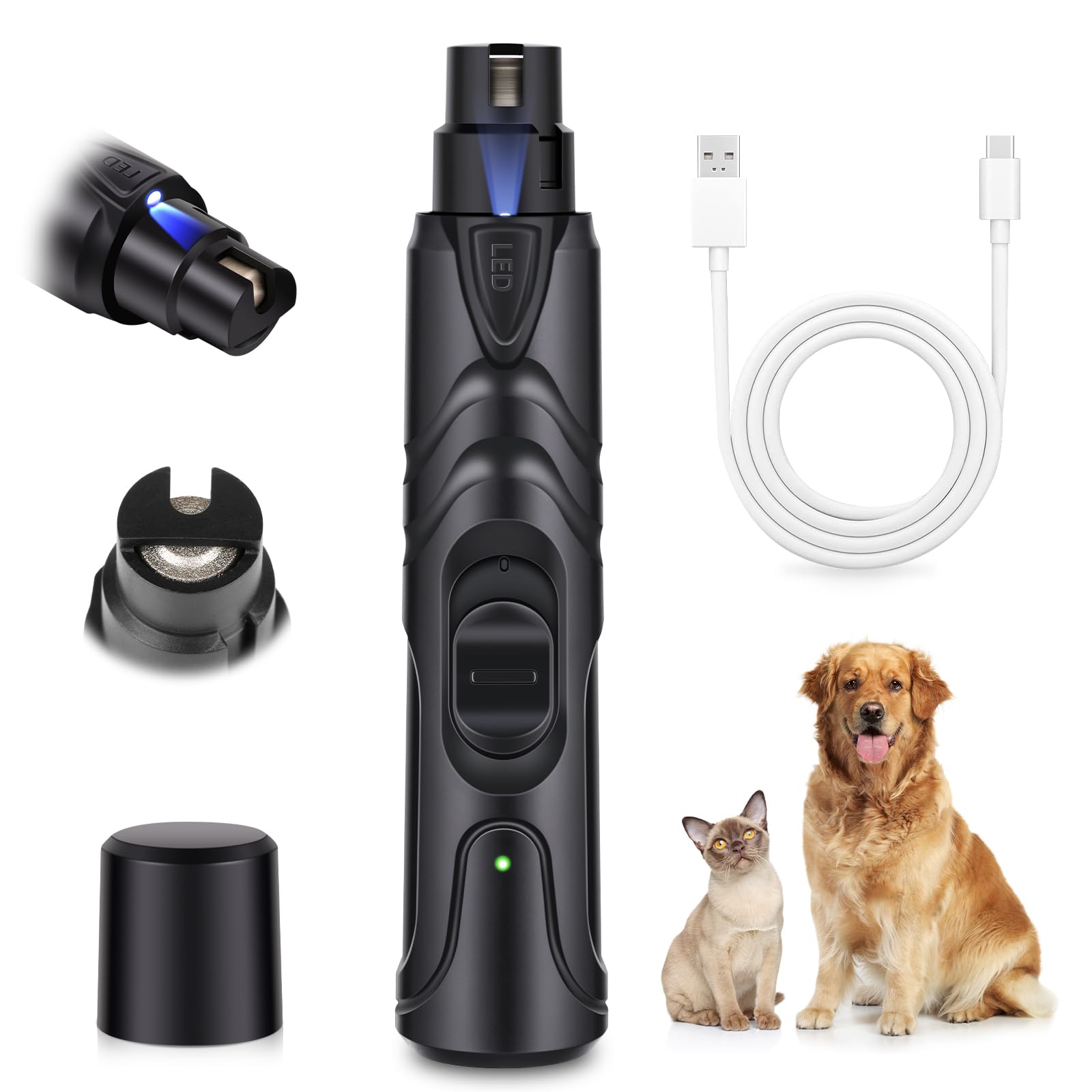 Professional Gagaciso Dog Nail Grinder with LED Light - 2-Speed Rechargeable Electric Pet Nail Trimmer, Super Quiet for Small, Medium & Large Dogs & Cats (Black) - Perfect for At-Home Grooming & Pet Nail Care
