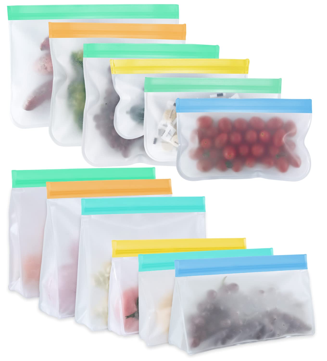Eco-Friendly Reusable Food Storage Bags - 12 Pack PEVA Freezer Bags for Sandwich, Snacks, Meat, Fruits & Vegetables | Leak-Proof Stand-Up Design for Home, Travel & Meal Prep (Multicolor, BPA-Free)