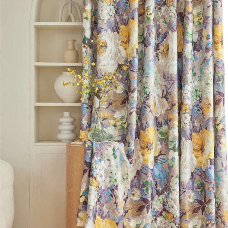 Custom French Botanical Canvas Blackout Curtains for Bedroom & Living Room - Elegant Floral Print Window Treatments for Light Blocking & Privacy