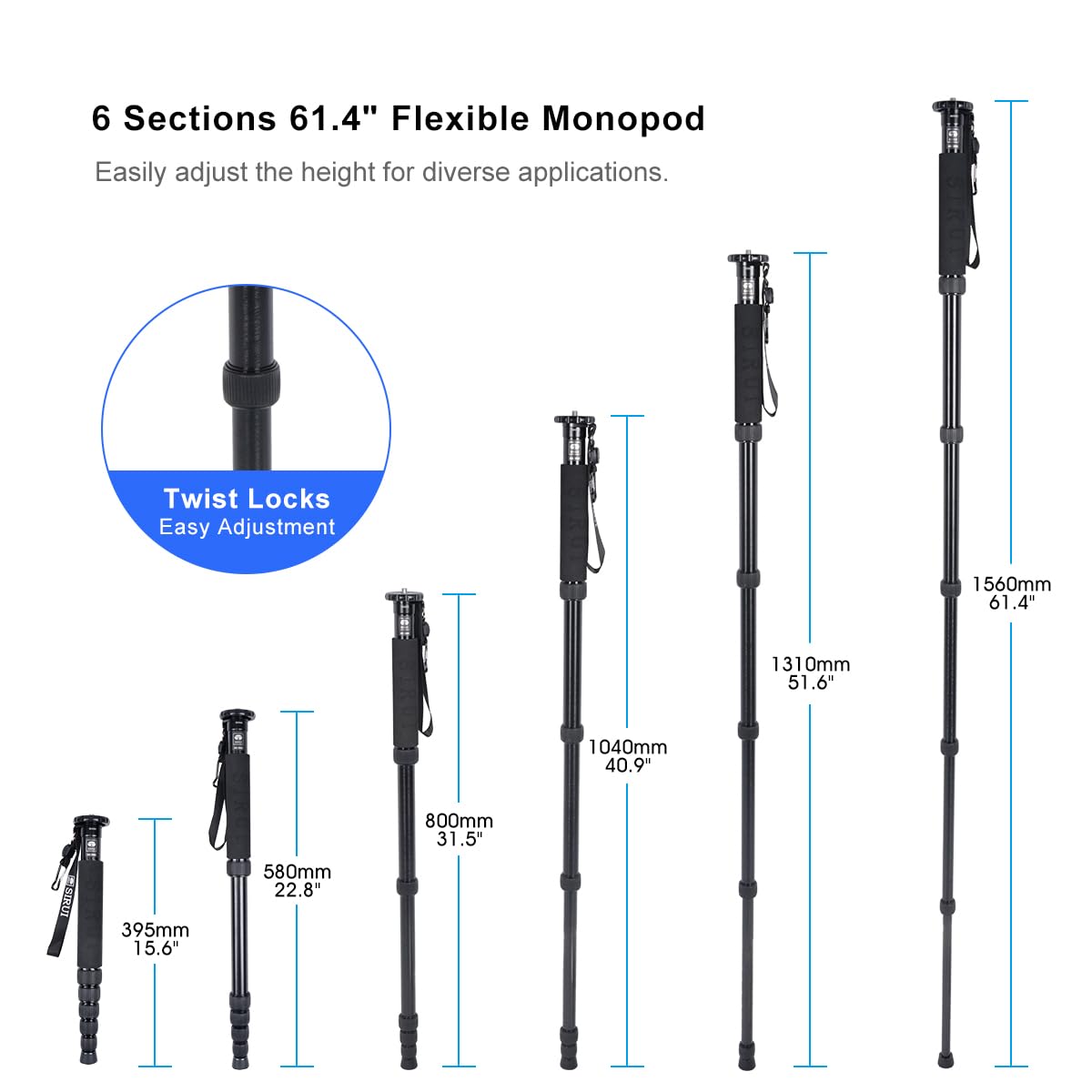 SIRUI P-306 Lightweight Aluminum Camera Monopod - 6-Section Adjustable Travel Tripod (155cm Max Height) for DSLR/SLR Cameras with Wrist Strap (8kg Load Capacity) - Perfect for Travel Photography, Vlogging & Outdoor Shooting