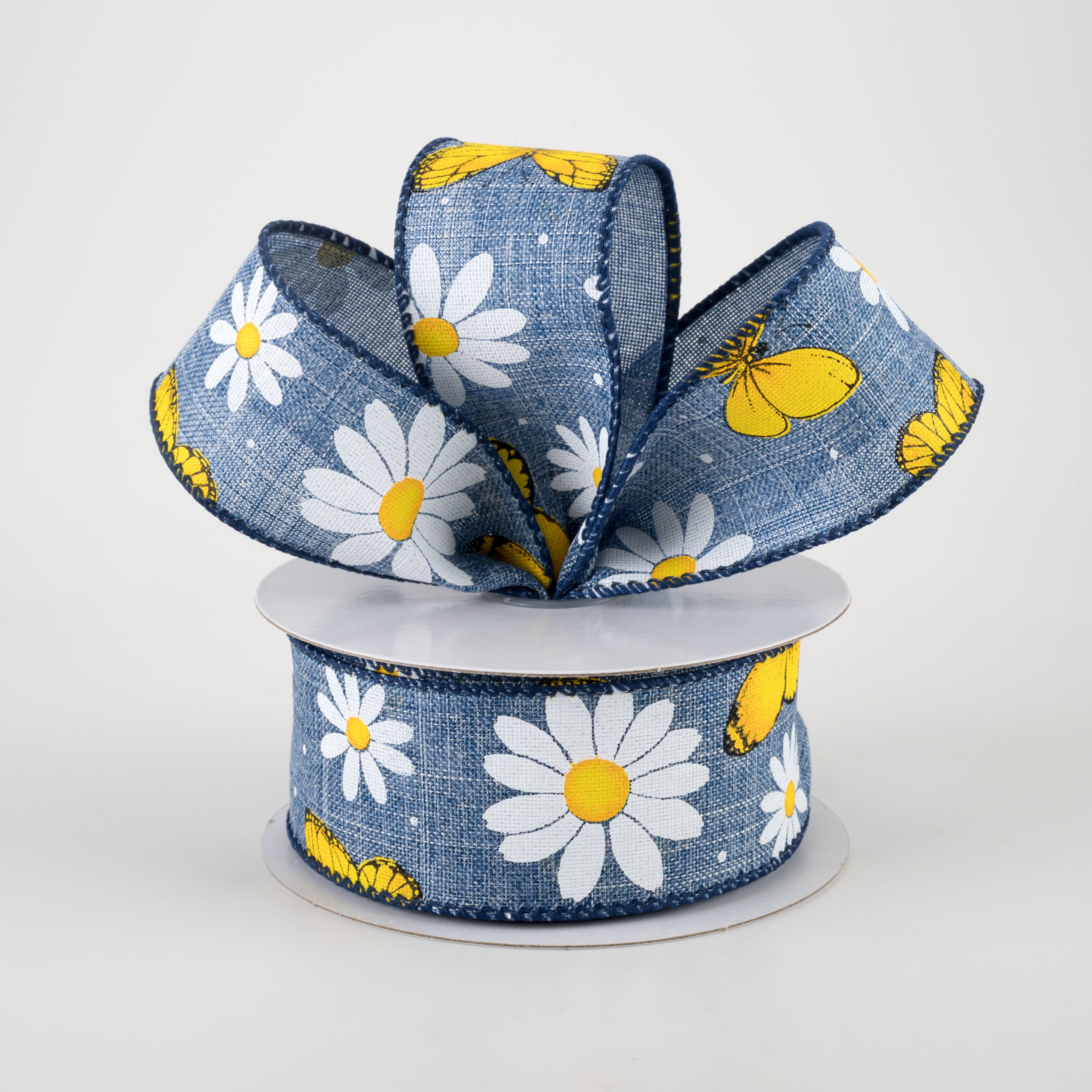1.5 Inch Daisies & Butterflies Linen Ribbon - Denim Blue (10 Yards) for DIY Crafts, Gift Wrapping, Scrapbooking & Home Decor
