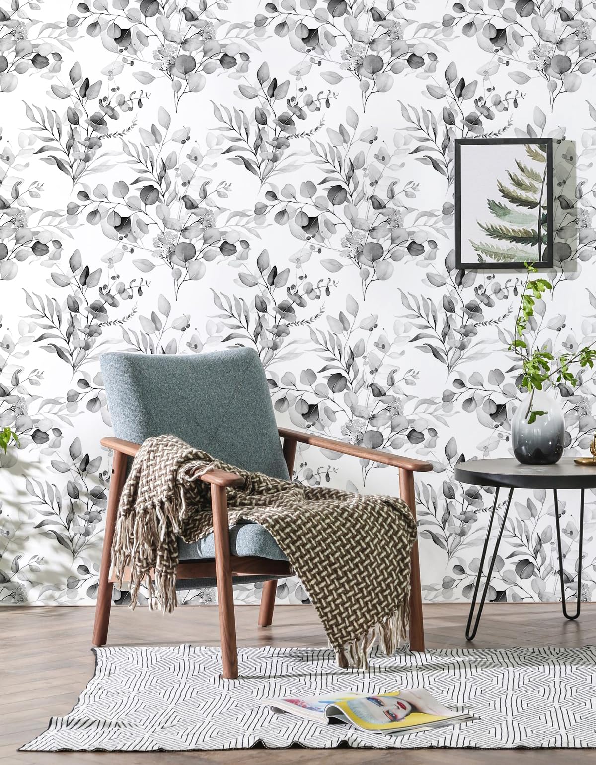 HAOKHOME Self-Adhesive Wallpaper - Boho Black Grey White Eucalyptus Leaf Floral Design, Peel and Stick Wall Mural for Home Decor, Nursery, Bedroom, 17.7in x 9.8ft - Perfect for DIY Home Renovation & Accent Walls