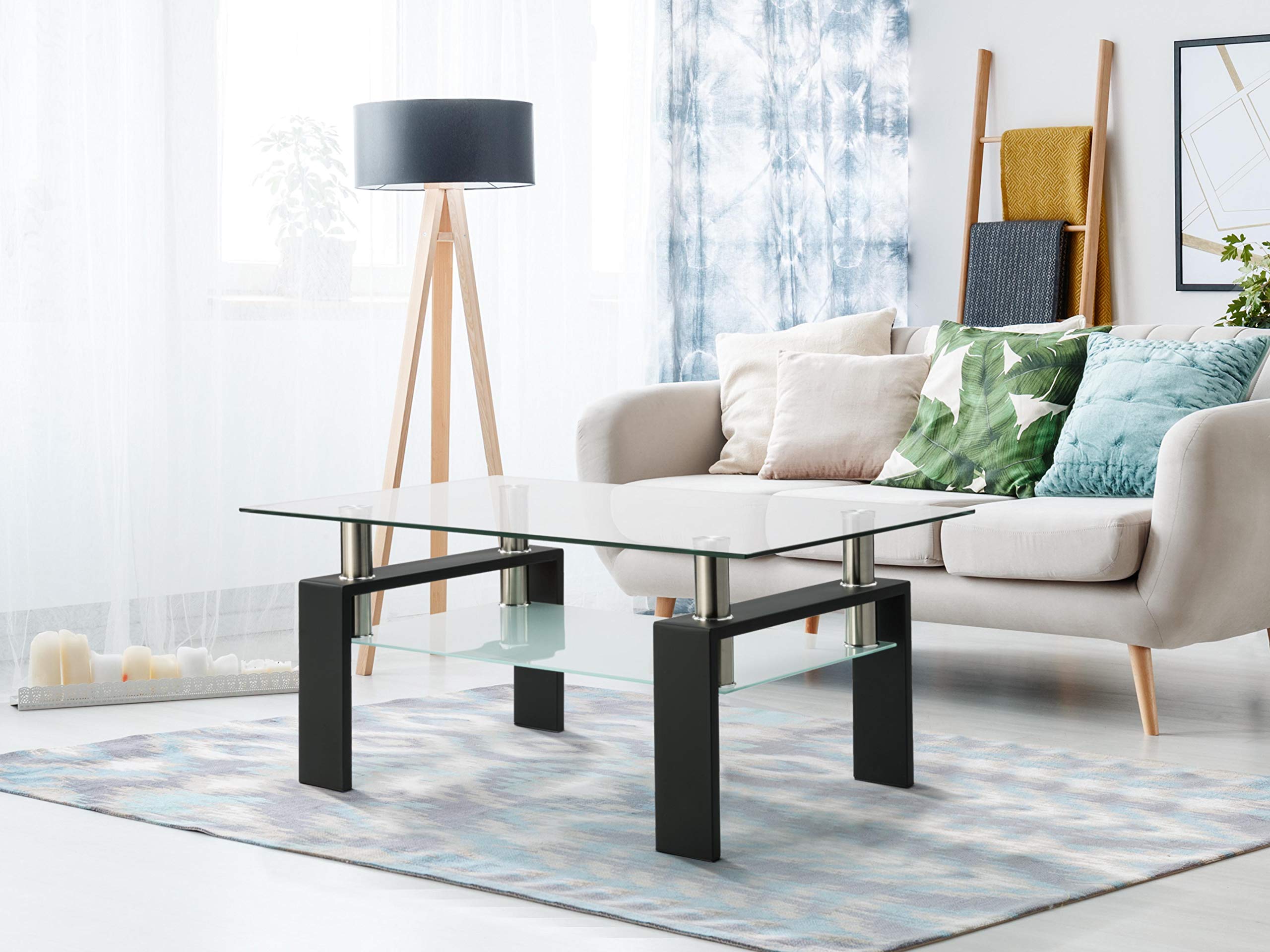 Modern Black Rectangular Glass Coffee Table with Lower Storage Shelf - Stylish Living Room Furniture for Small Spaces, Home Decor, and Entertainment Areas