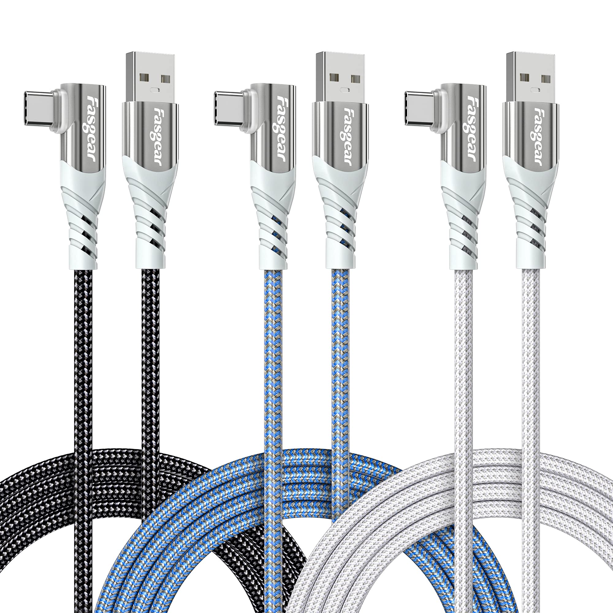 Fasgear 3-Pack 6ft USB C to USB A Cable - Braided 3A Fast Charging Cord with Right Angle for Samsung S23/Galaxy A54/Moto G/LG Stylo 6/PS5 Controller - Durable Charger for Phones, Tablets & Gaming Devices (Black/Blue/White)