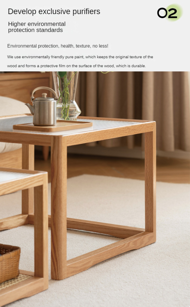 Solid Oak Wood Coffee Table with Glass Top and Rattan Shelf - Perfect for Living Room, Patio, or Outdoor Furniture Decor