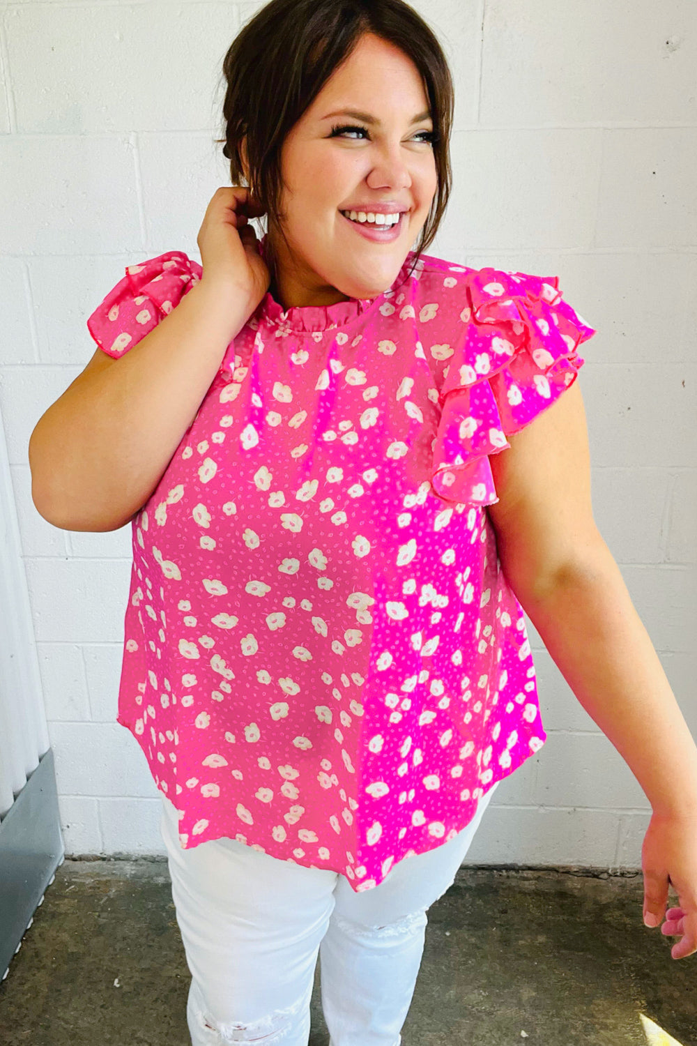 Stylish Hot Pink Floral Print Mock Neck Blouse with Double Flutter Sleeves - Perfect for Spring Outfits, Date Nights & Office Wear