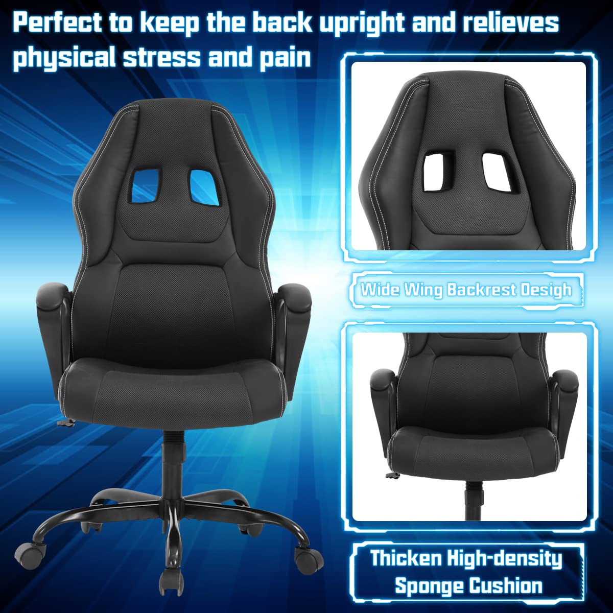 Ergonomic Gaming Chair with Lumbar Support - Adjustable High Back PU Leather Computer Desk Chair for Adults & Teens - Swivel Rolling Office Chair for PC Gaming, Work & Study - Black