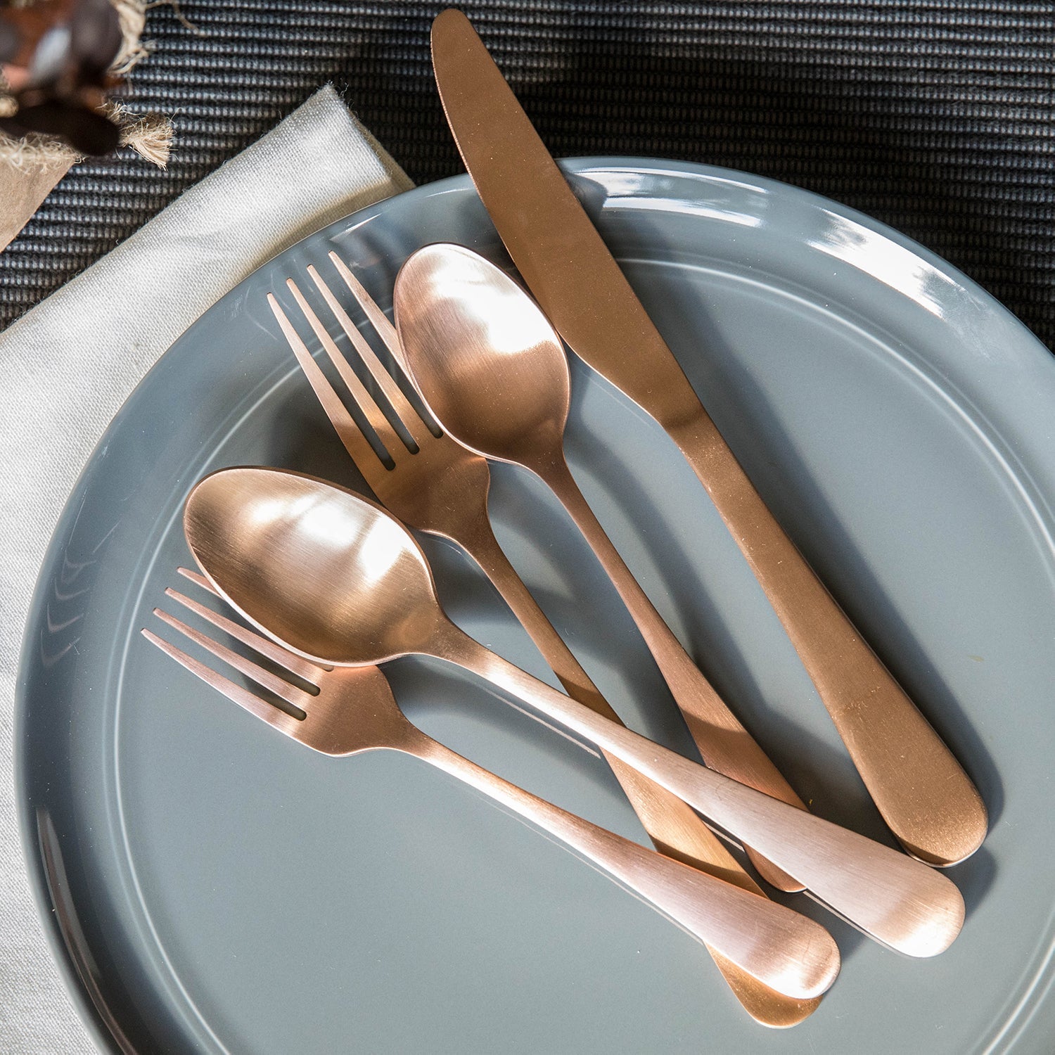 Rhiannon Copper Satin 20-Piece Flatware Set - Elegant Stainless Steel Cutlery for Dining, Wedding, and Special Occasions