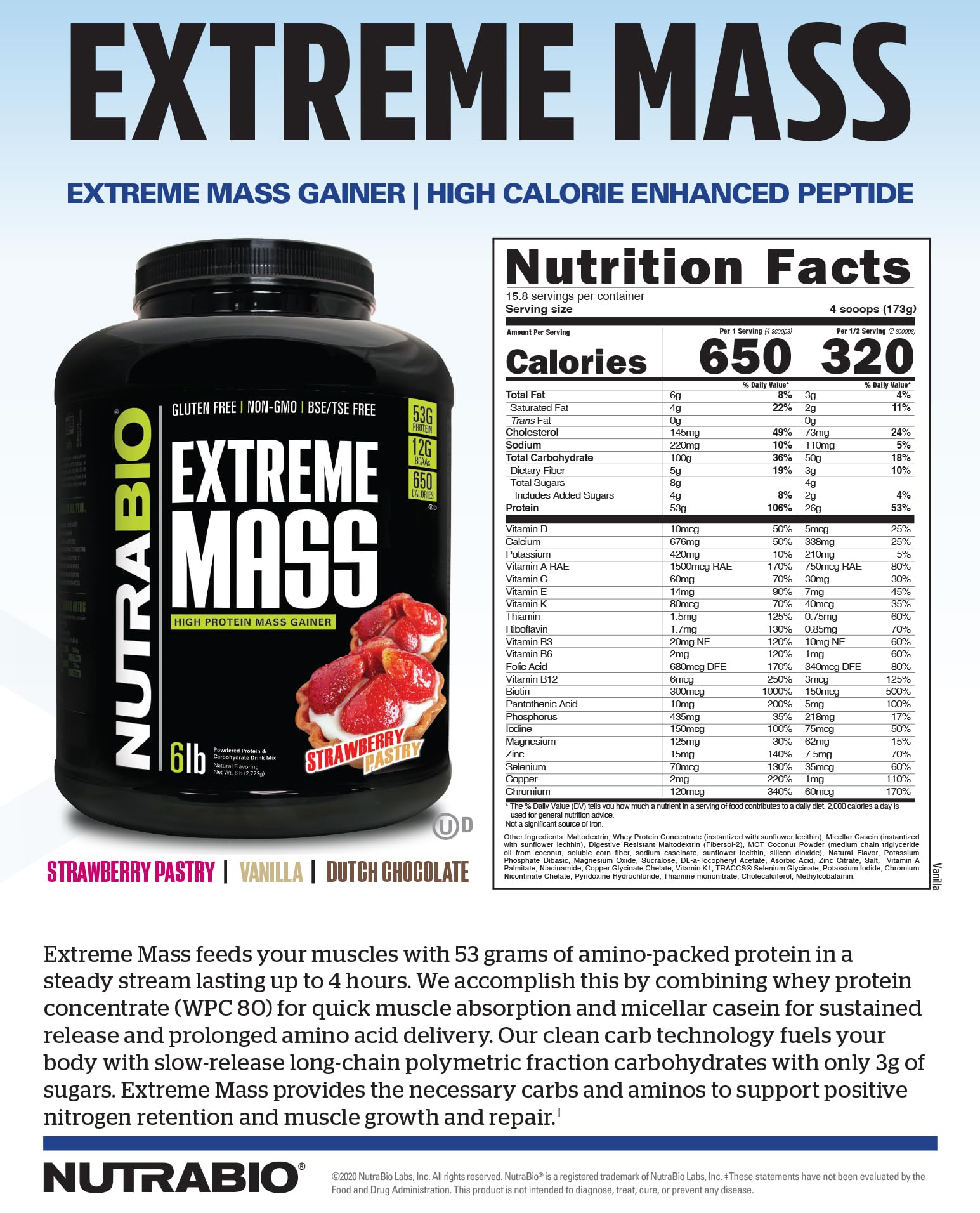 NutraBio Extreme Mass Gainer Protein Powder - 53G Protein per Serving, Clean Weight Gainer for Muscle Growth, Full Spectrum Amino Acids, Chocolate Flavor, 6 Pound - Perfect for Post-Workout Recovery & Bulking Season