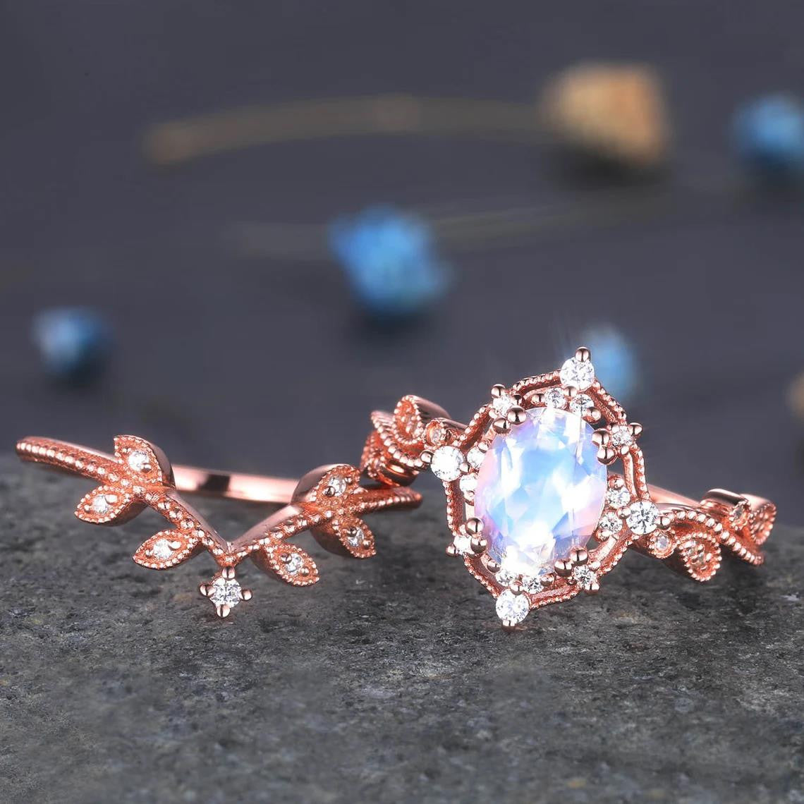 Rose Gold Oval Moonstone Engagement Ring Set with Diamond Eternity Band - Stackable Crown Ring for June Birthstone - Perfect for Weddings, Anniversaries & Special Occasions