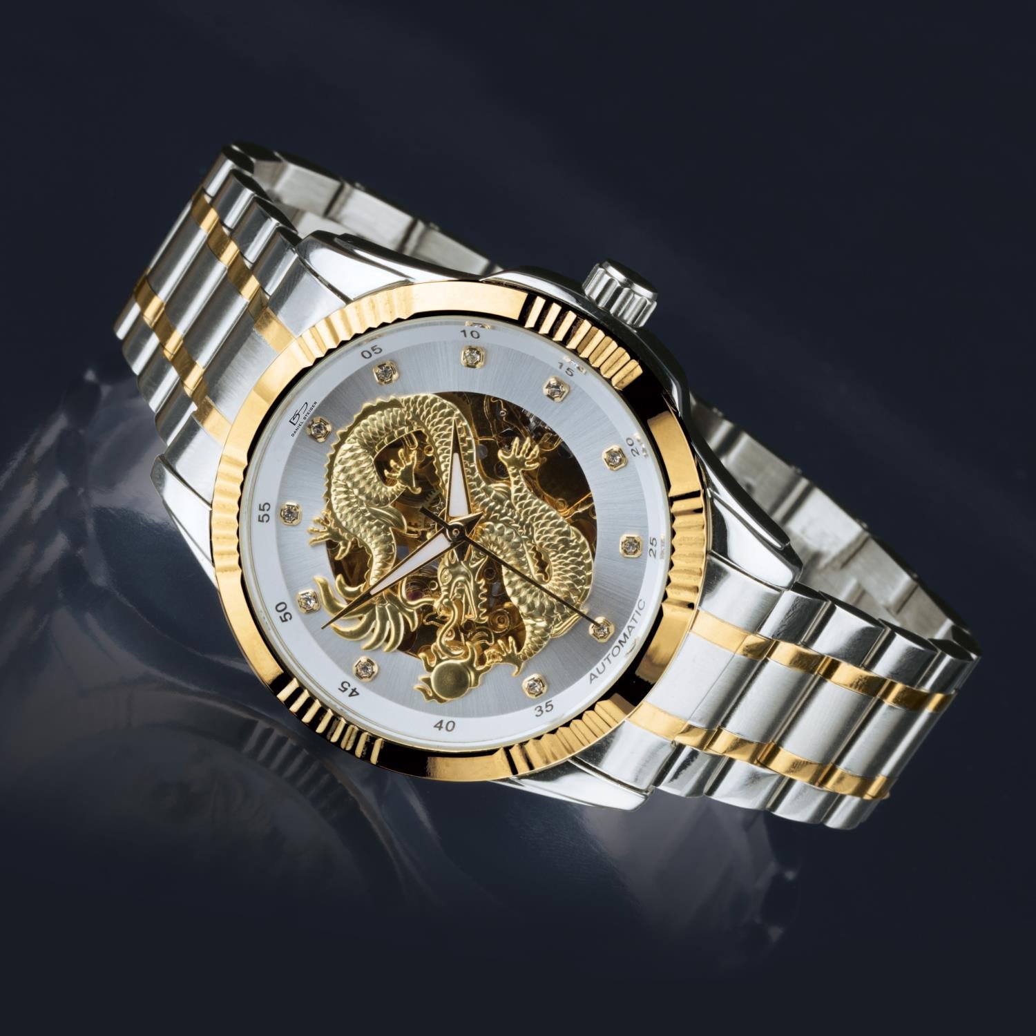 Premium Automatic Men's Watch with Golden Chinese Dragon Dial - Stainless Steel Two-Tone Case - Crystal Hour Markers - Luxury Dress Watch for Business, Formal Events & Gift Giving