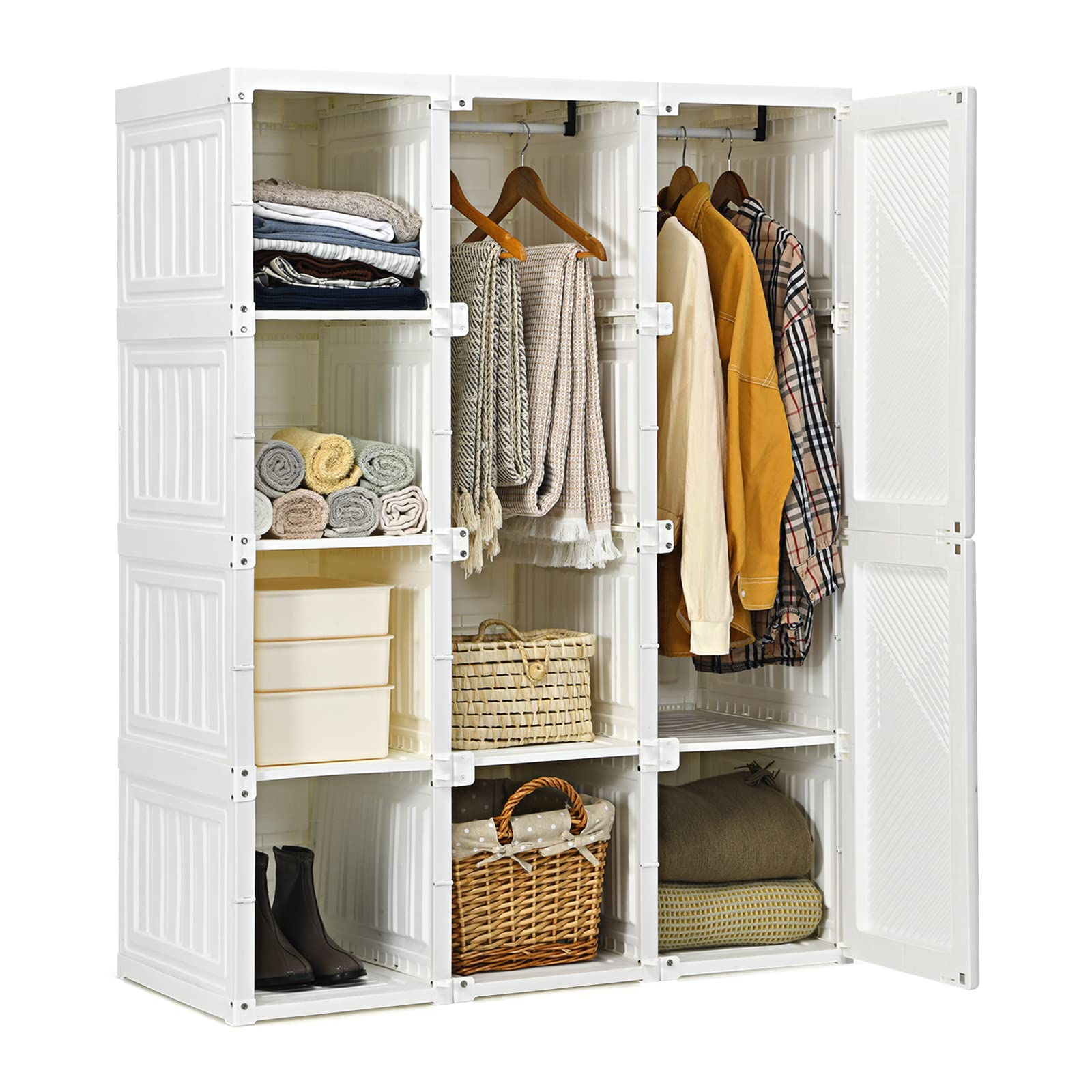 Tangkula Portable Closet Wardrobe - Foldable Clothes Organizer with 8 Storage Cubbies & 2 Hanging Rods, Easy Assembly Magnetic Door Clothing Storage for Bedroom, Closet, Dorm, Apartment | Space Saving Wardrobe Solution for Small Spaces