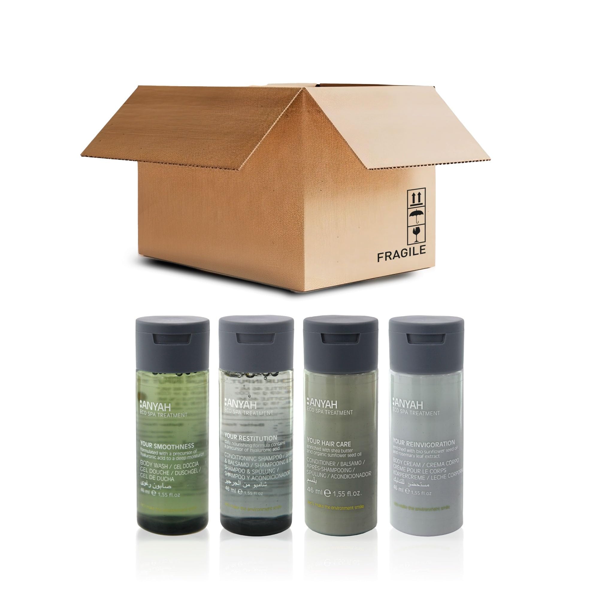 Anyah Mini-Sizes 54-Piece Travel Kit with Body Wash, Shampoo, Conditioner & Body Lotion (1.55 fl.oz Each) - Eco-Friendly Toiletries for Hotels, Gyms, Camping & Airplane Travel - TSA Approved Bath Essentials