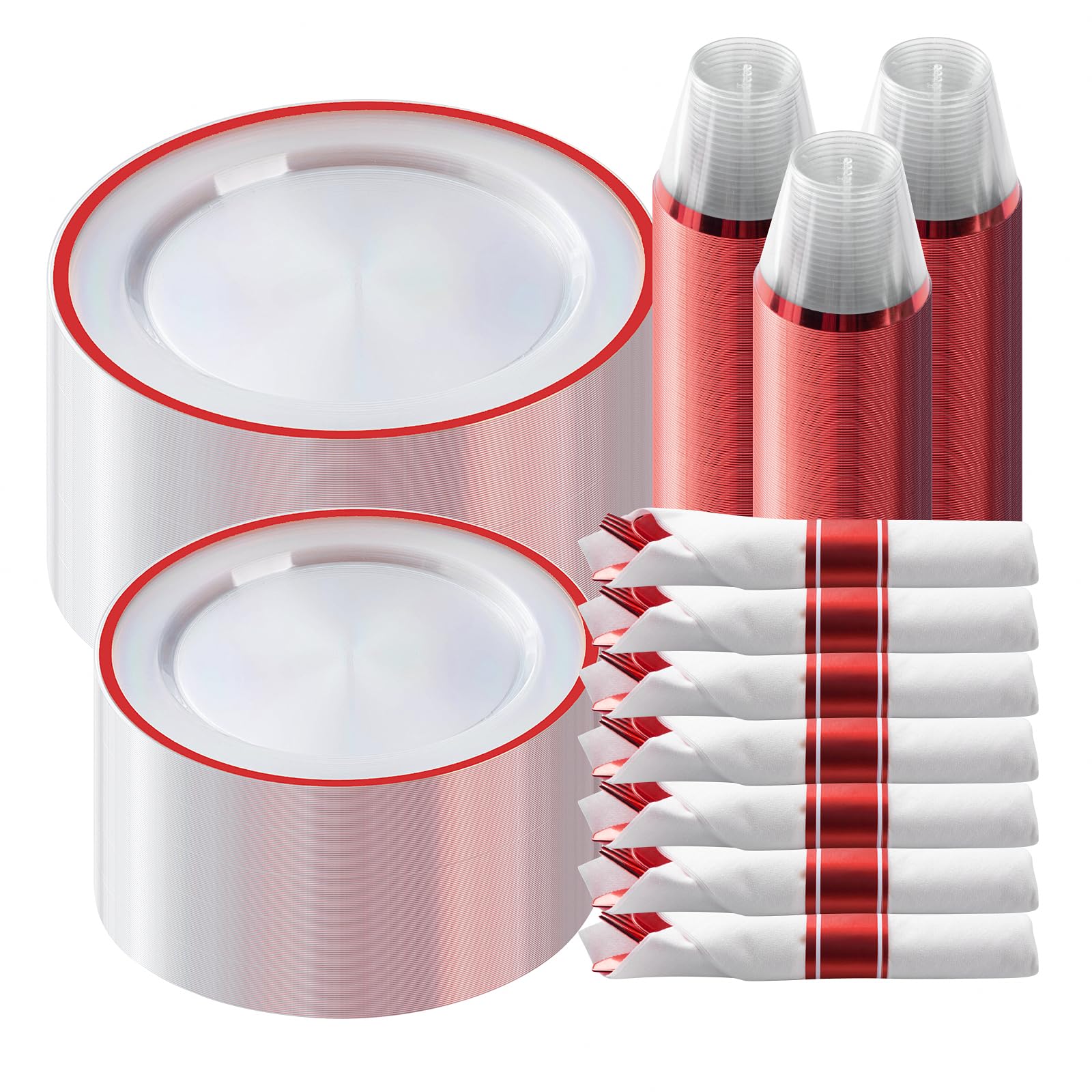 Goodluck 350-Piece Red Plastic Party Dinnerware Set - Disposable Plates, Cups & Cutlery for 50 Guests | Includes 50 Dinner Plates, 50 Dessert Plates, 50 Pre-Rolled Napkins with Utensils & 50 Cups | Perfect for Birthday Parties, Weddings, BBQs & Events