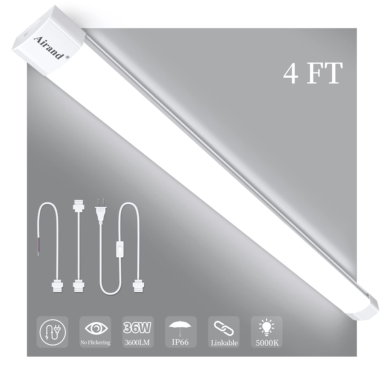 4FT LED Ceiling Light Fixture 5000K Daylight, 36W 3600 LUX IP66 Waterproof LED Shop Light for Garage, Closet, Under Cabinet - Bright Work Light for Hallway, Warehouse & Commercial Spaces