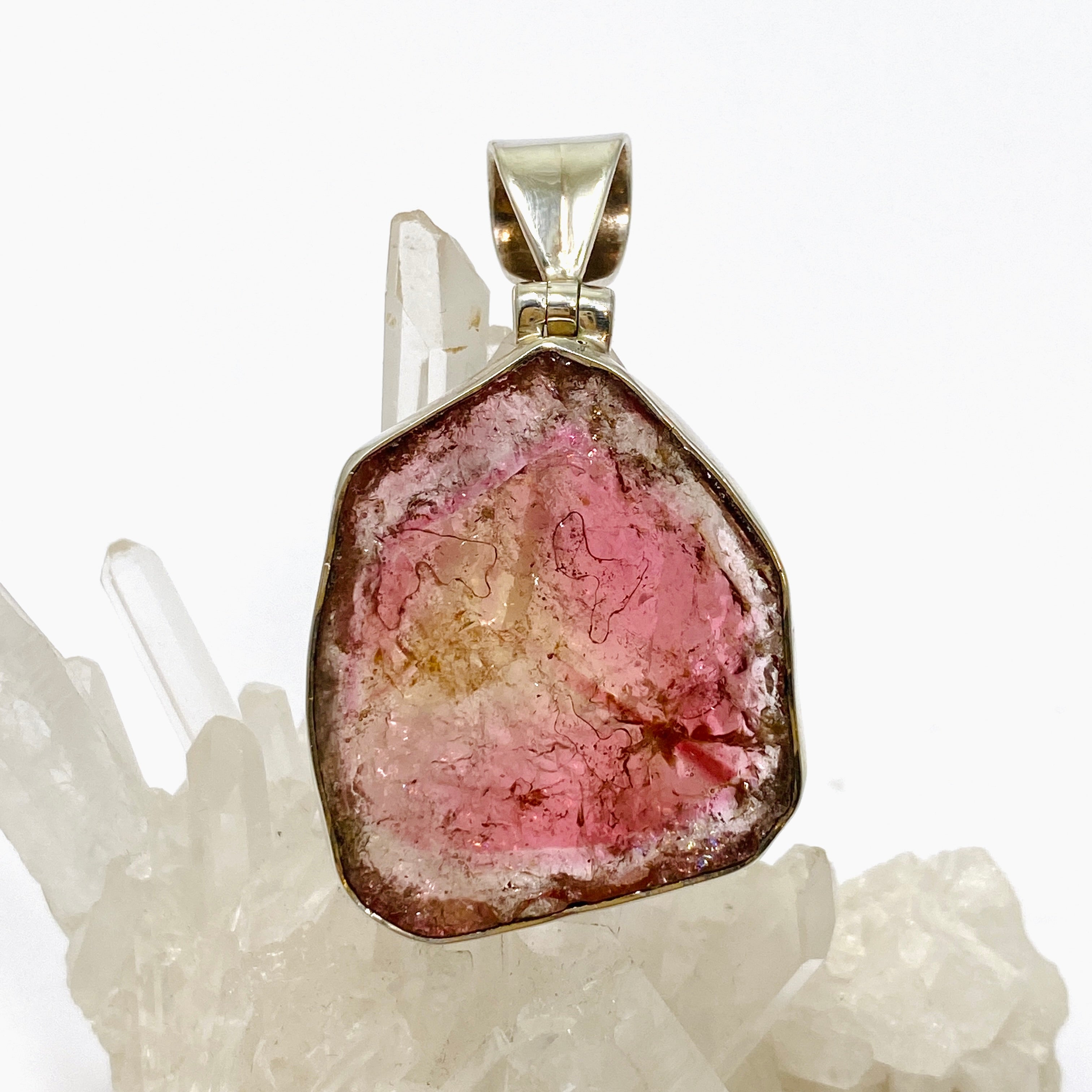 Natural Pink and Gold Tourmaline Gemstone Large Slice Pendant Necklace - GPJ02 for Women, Boho Jewelry, Gift for Her, Perfect for Parties and Special Occasions