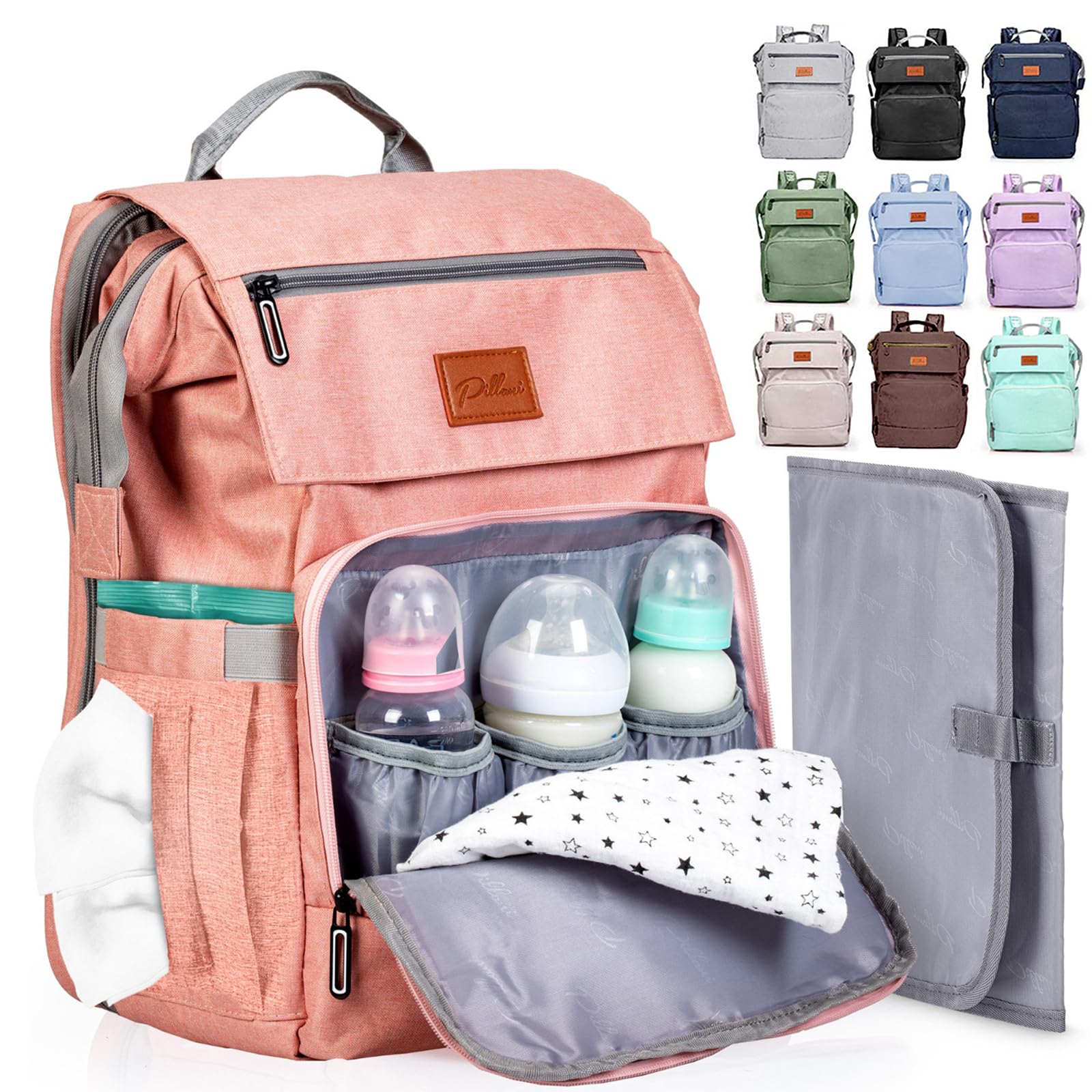 PILLANI Baby Diaper Backpack - Large Waterproof Diaper Bag for Boys & Girls with Insulated Bottle Pocket, Changing Pad & Stroller Straps - Perfect Baby Shower Gift & Registry Essential for New Parents (Ideal for Travel, Daycare & Outings)