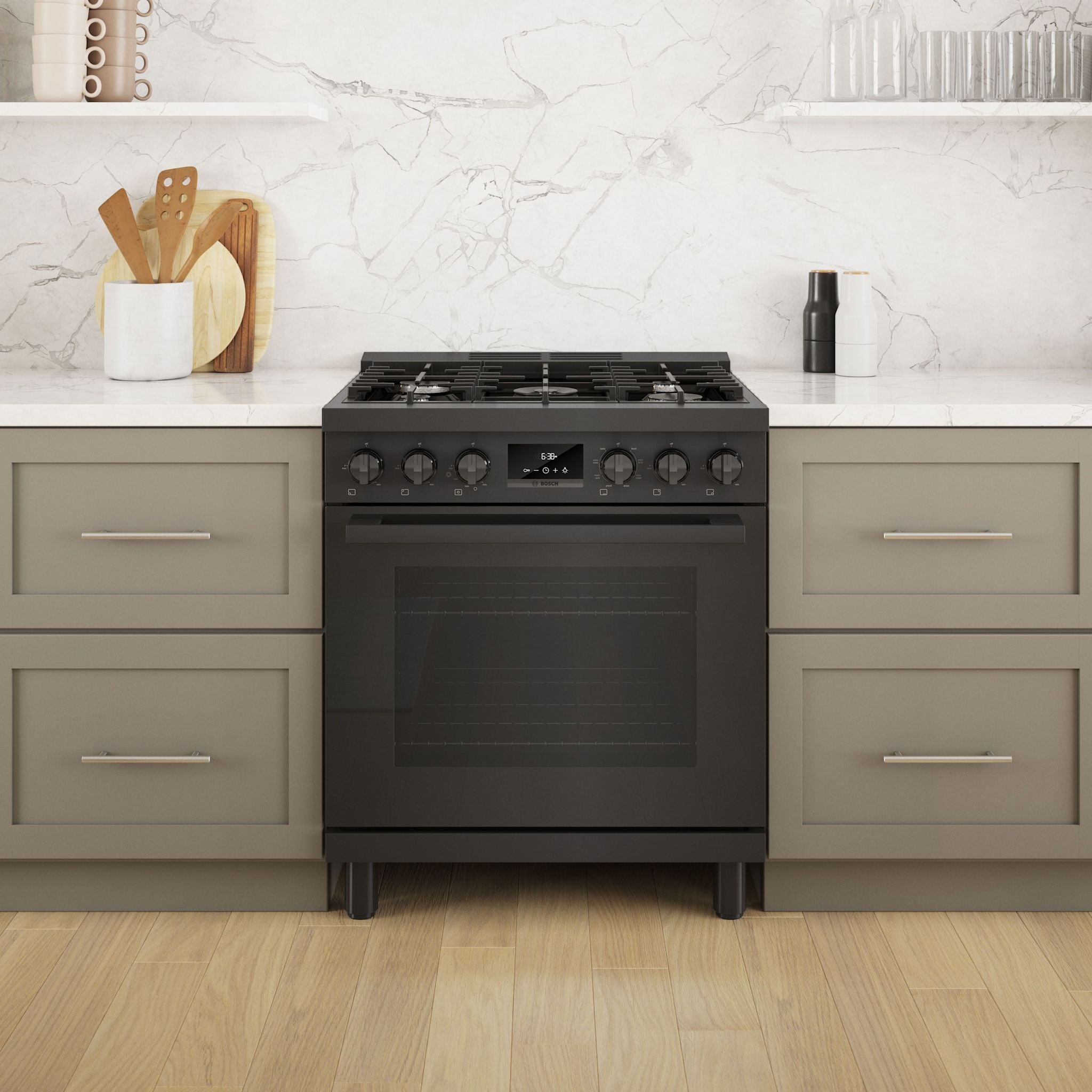 Bosch HDS8045C 30 Inch Dual Fuel Range - Black Stainless Steel Professional Gas & Electric Oven for Home Kitchen Cooking & Baking
